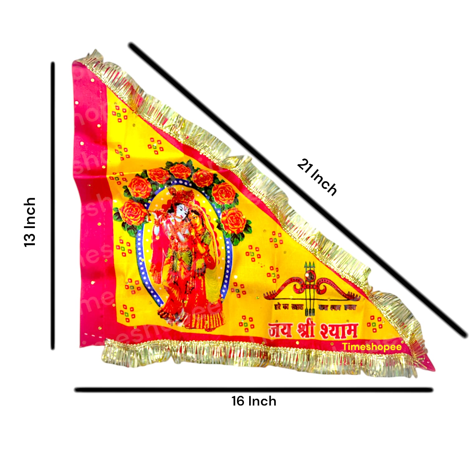 A Yellow Nishan Jhanda featuring Jai Shri Shyam and Radha Krishna, ideal for temples, homes, and offices during religious occasions.