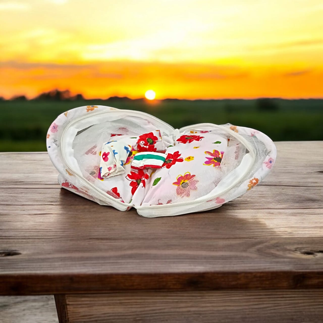 A beautiful 7X10 inch comfortable bed with a mosquito net and three pillows, designed for Laddu Gopal or Radha Rani, available in five vibrant colors for temple use.