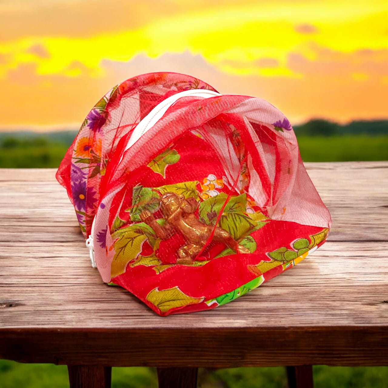 A beautiful 7X10 inch comfortable bed with a mosquito net and three pillows, designed for Laddu Gopal or Radha Rani, available in five vibrant colors for temple use.