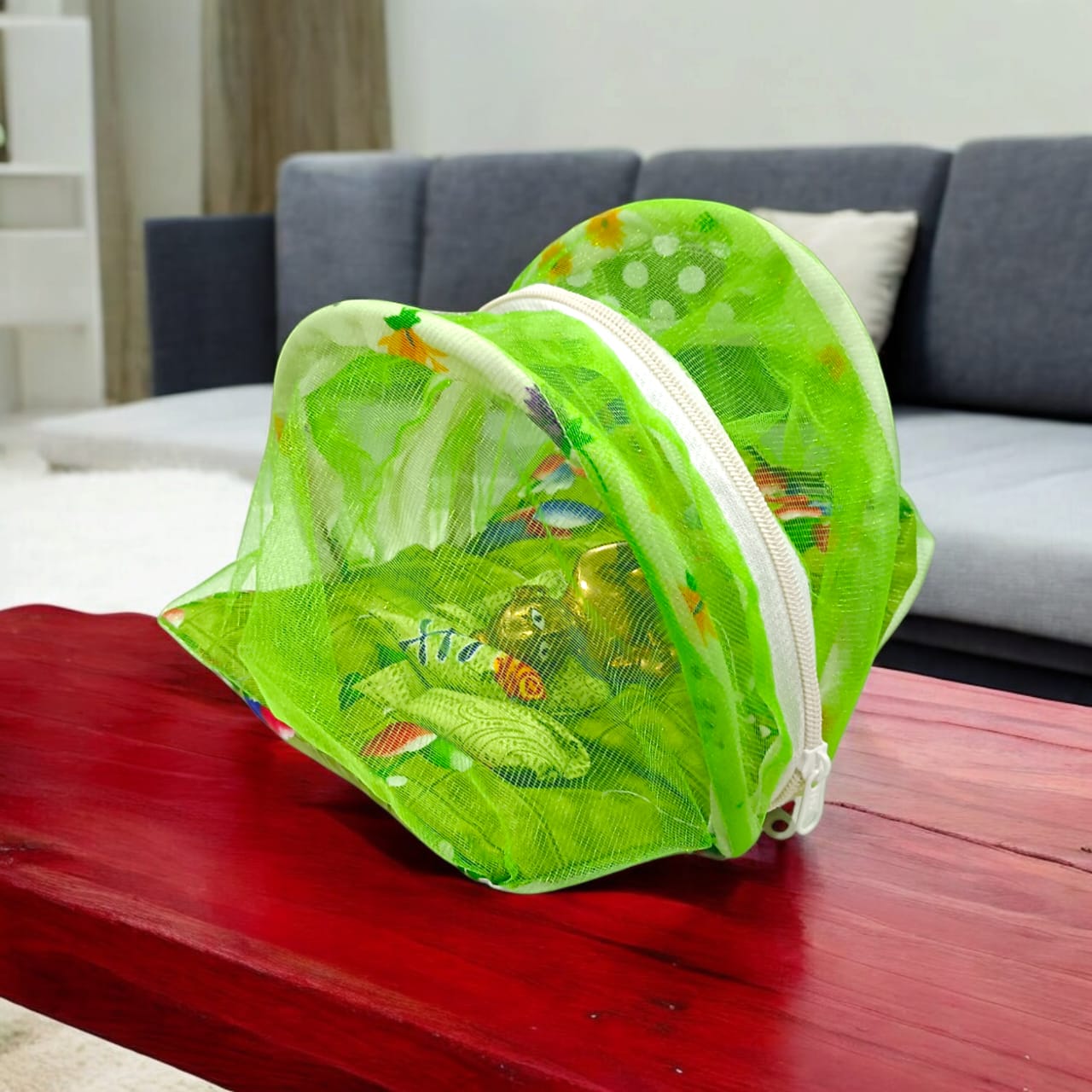 A beautiful 7X10 inch comfortable bed with a mosquito net and three pillows, designed for Laddu Gopal or Radha Rani, available in five vibrant colors for temple use.