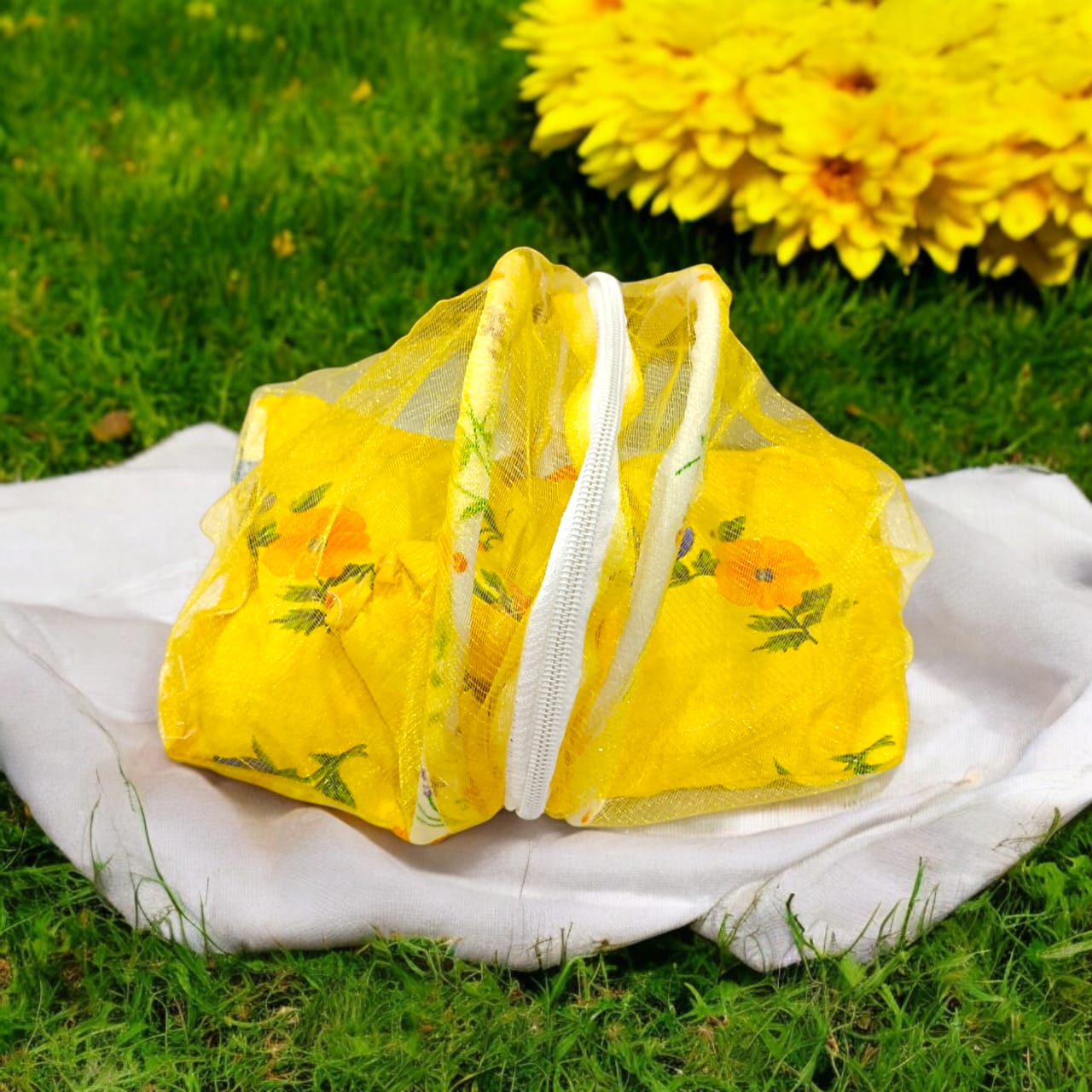 A beautiful 7X10 inch comfortable bed with a mosquito net and three pillows, designed for Laddu Gopal or Radha Rani, available in five vibrant colors for temple use.