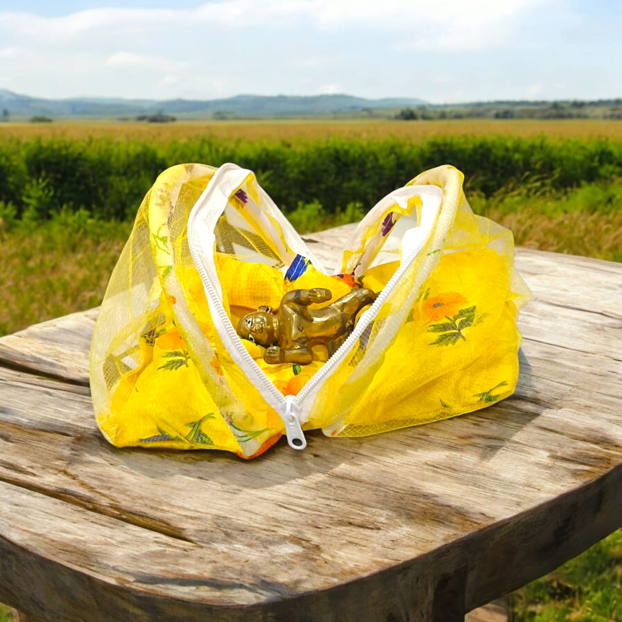 A beautiful 7X10 inch comfortable bed with a mosquito net and three pillows, designed for Laddu Gopal or Radha Rani, available in five vibrant colors for temple use.