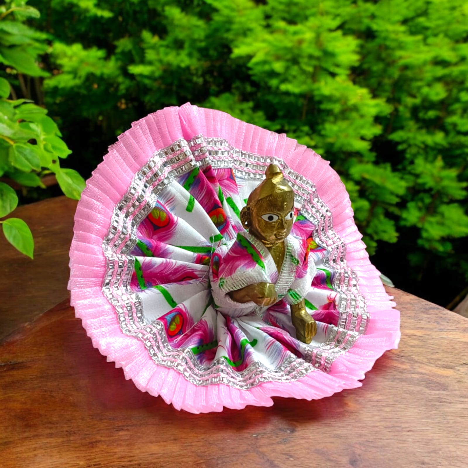 A beautiful Laddu Gopal dress with a stylish lace border, designed for Size 3 Laddu Gopal Ji, perfect for daily worship or festive occasions.