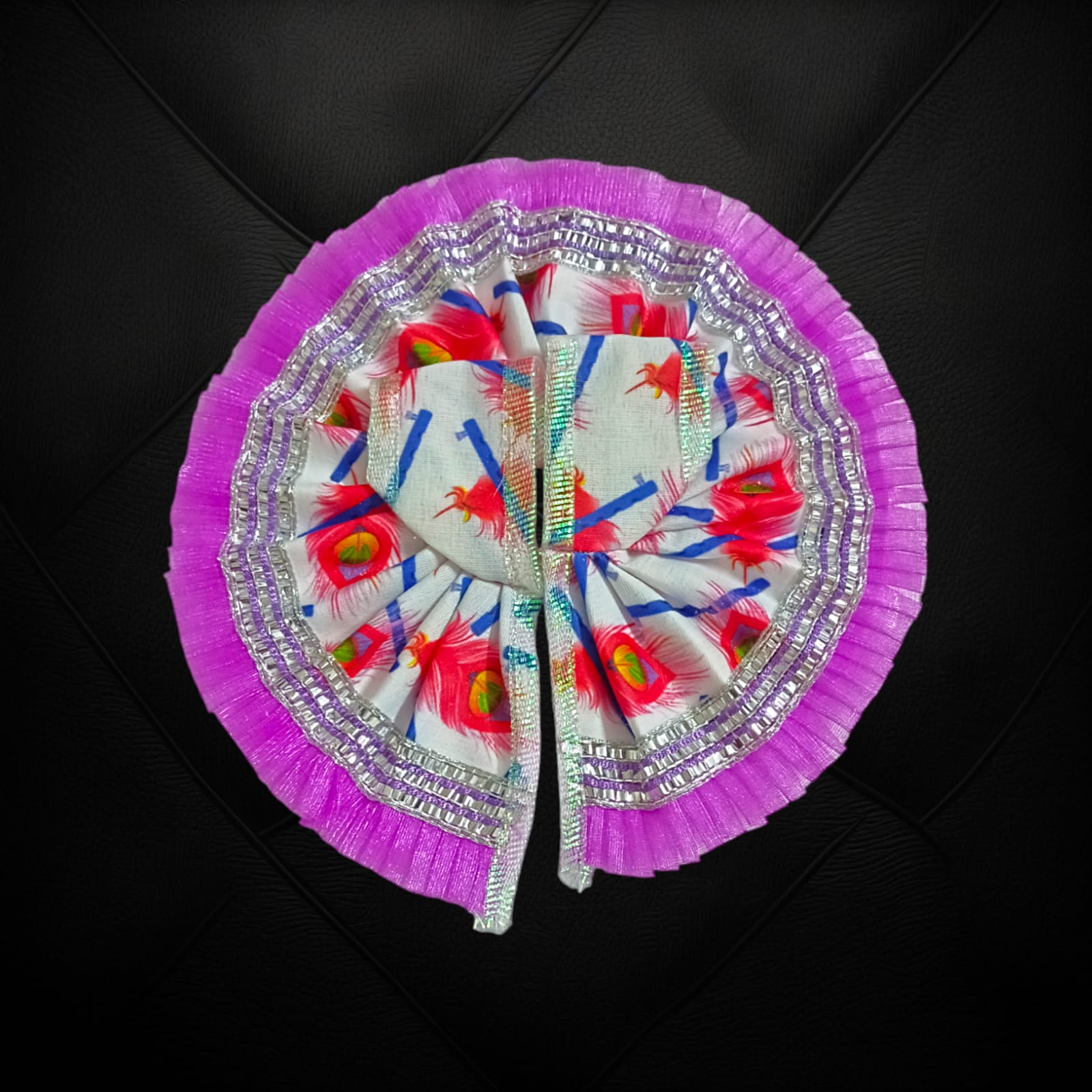 A beautiful Laddu Gopal dress with a stylish lace border, designed for Size 3 Laddu Gopal Ji, perfect for daily worship or festive occasions.