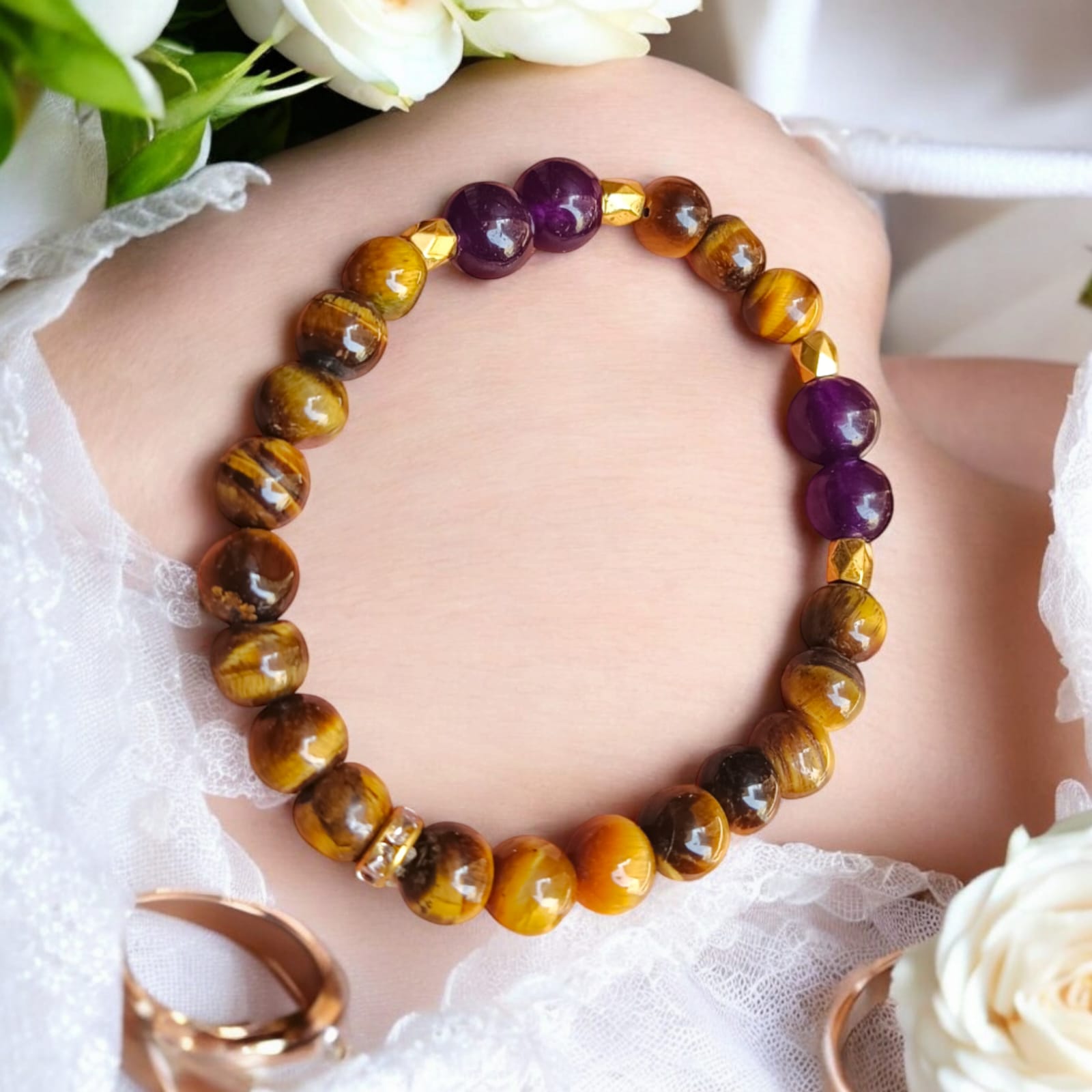 A beautiful Tiger Eye & Amethyst bracelet with 8MM lab-certified natural beads designed to increase courage, confidence, and mental clarity.