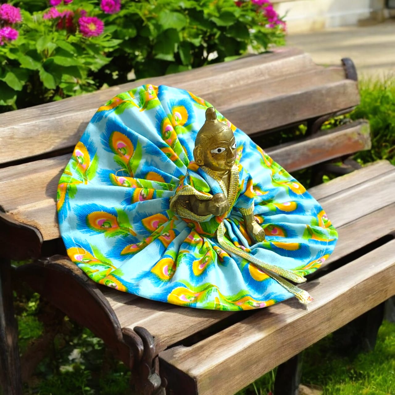 A beautiful cotton Laddu Gopal dress with floral designs, tailored for Size 4 Laddu Gopal Ji, perfect for worship and festive occasions.