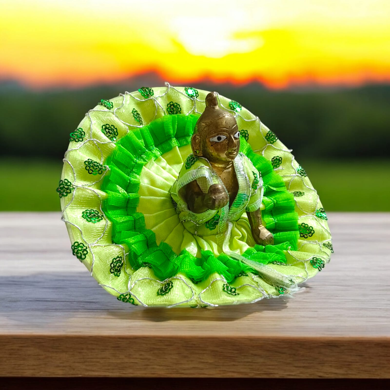 A beautiful satin and net Laddu Gopal dress, designed for Size 3 Laddu Gopal Ji, perfect for special occasions and festivals.