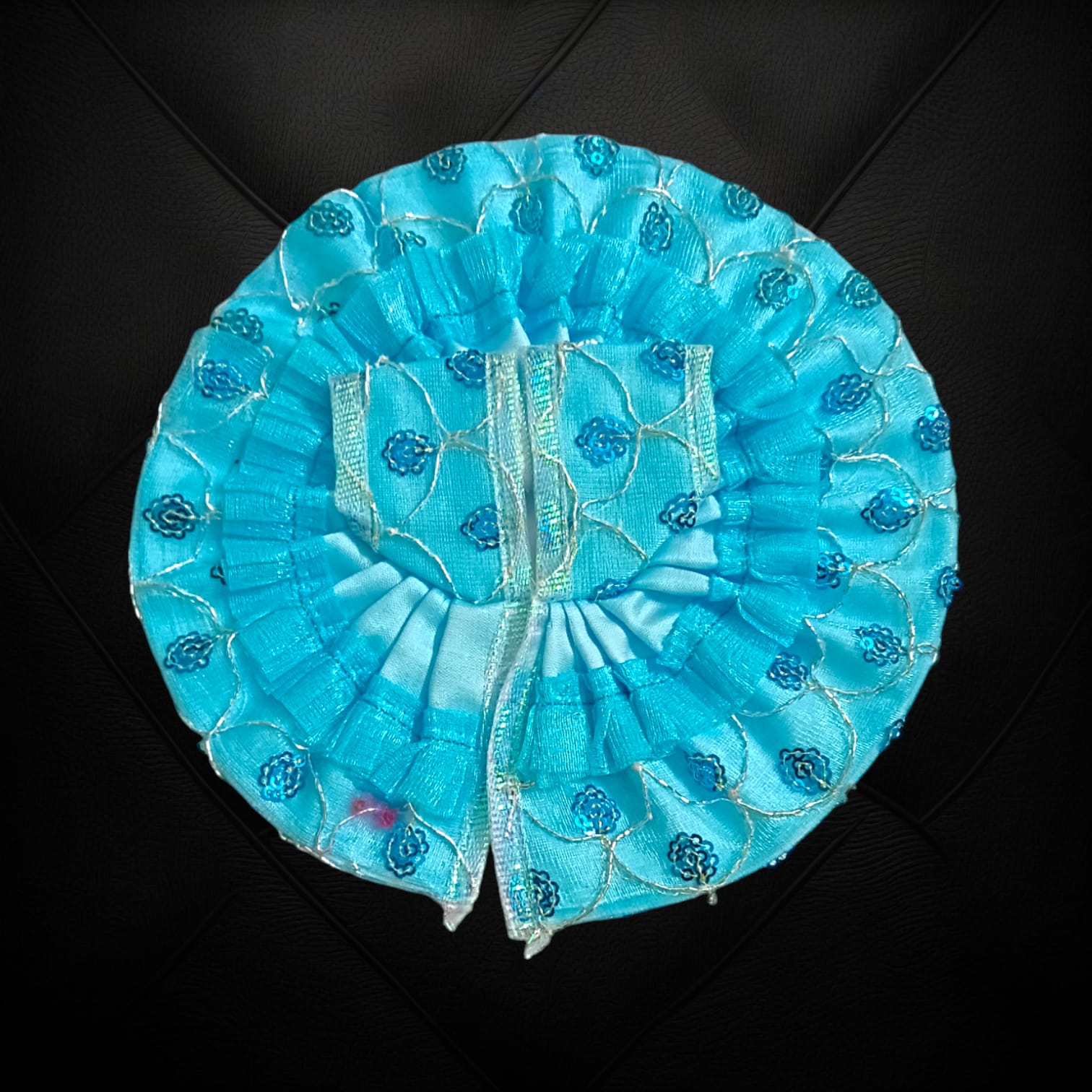 A beautiful satin and net Laddu Gopal dress, designed for Size 3 Laddu Gopal Ji, perfect for special occasions and festivals.