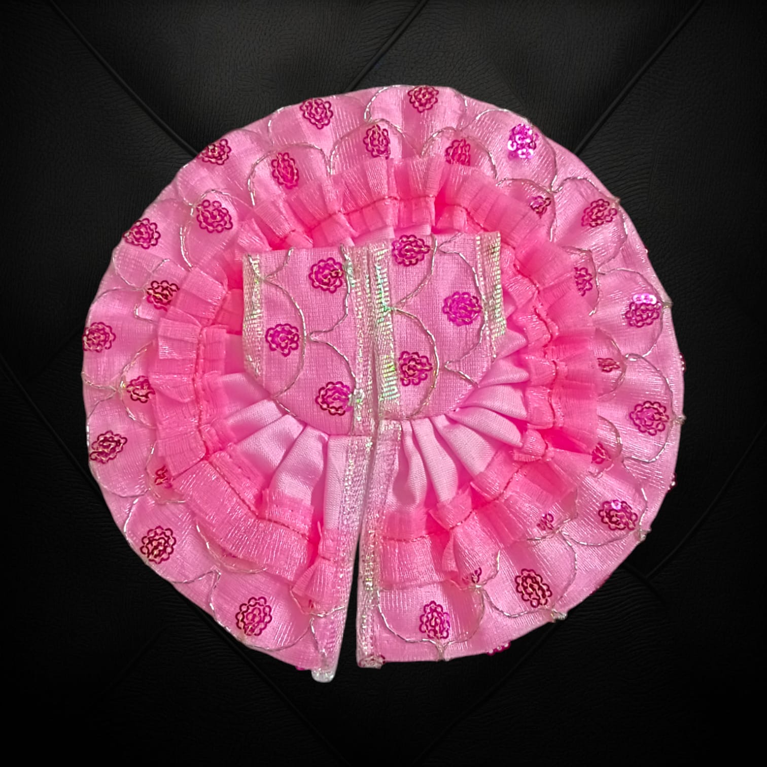 A beautiful satin and net Laddu Gopal dress, designed for Size 3 Laddu Gopal Ji, perfect for special occasions and festivals.