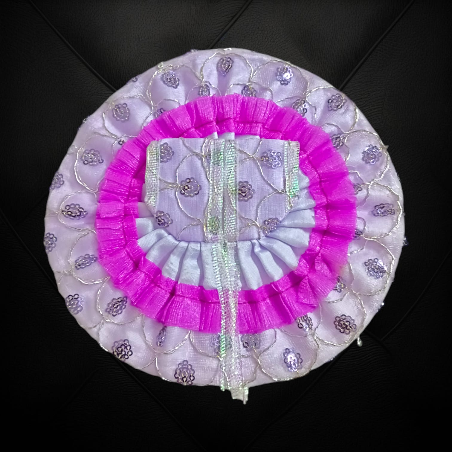 A beautiful satin and net Laddu Gopal dress, designed for Size 3 Laddu Gopal Ji, perfect for special occasions and festivals.