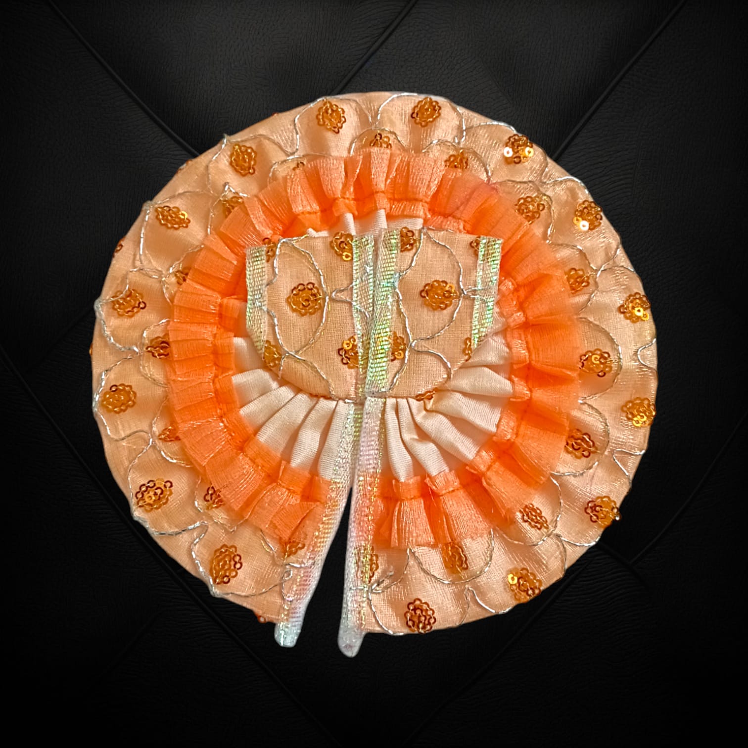 A beautiful satin and net Laddu Gopal dress, designed for Size 3 Laddu Gopal Ji, perfect for special occasions and festivals.