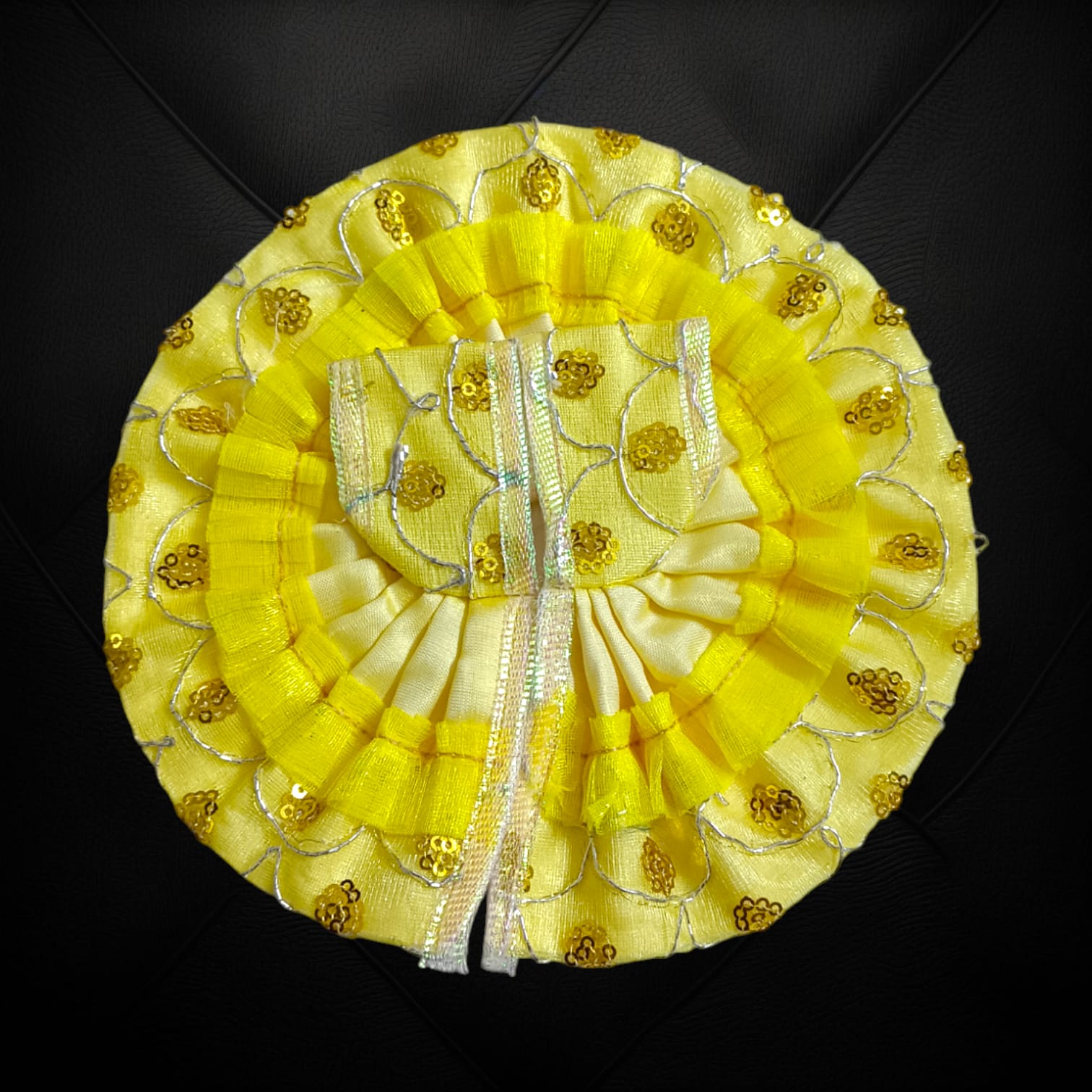 A beautiful satin and net Laddu Gopal dress, designed for Size 3 Laddu Gopal Ji, perfect for special occasions and festivals.