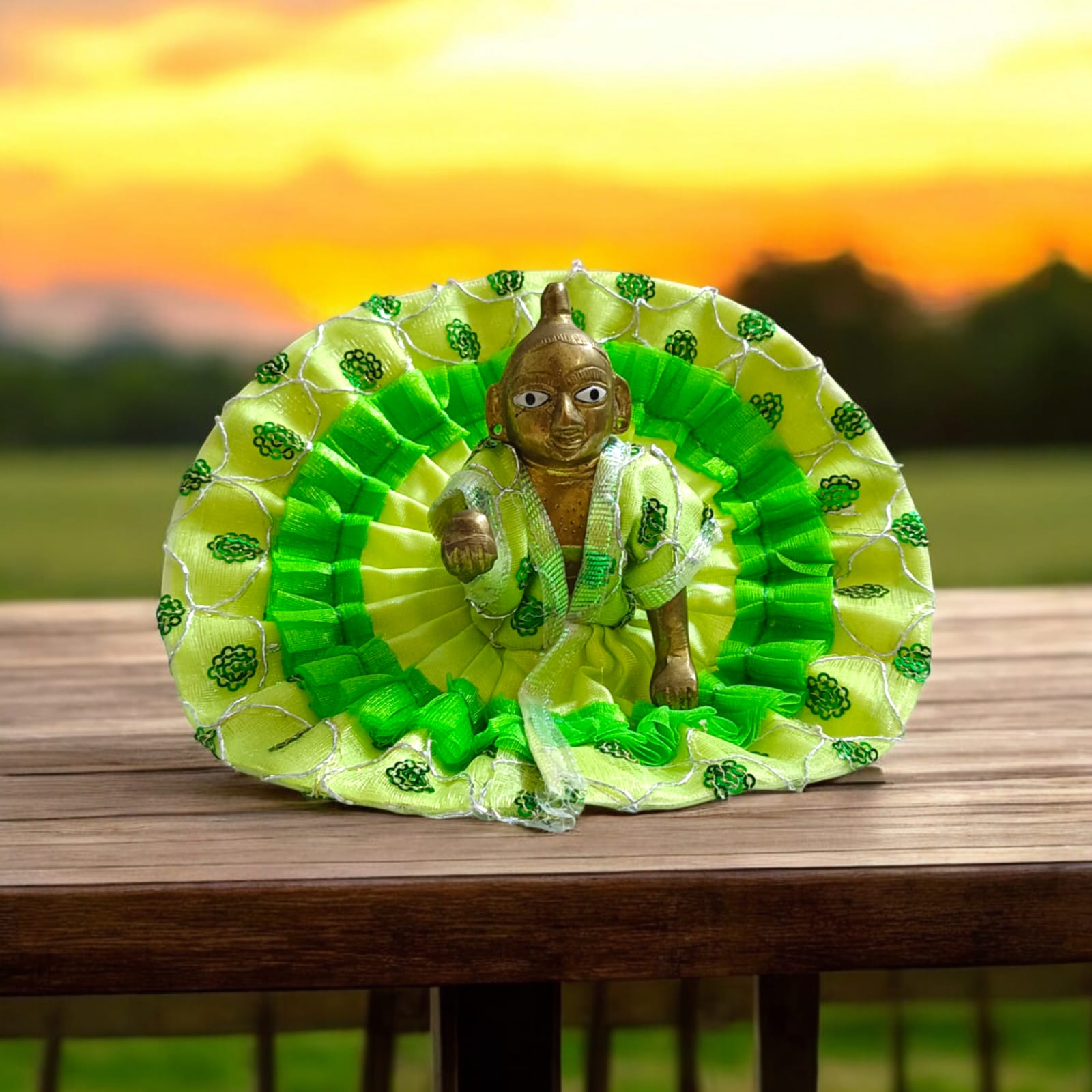 A beautiful satin and net Laddu Gopal dress, designed for Size 3 Laddu Gopal Ji, perfect for special occasions and festivals.