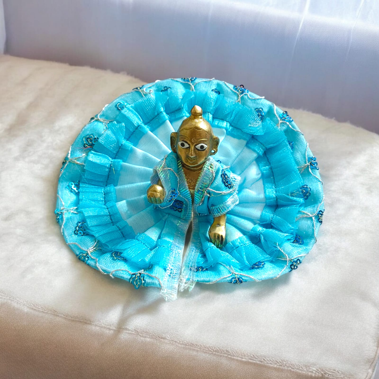 A beautifully crafted Laddu Gopal dress with delicate net and embroidery design, made for Size 2 No., perfect for pooja and festivals.