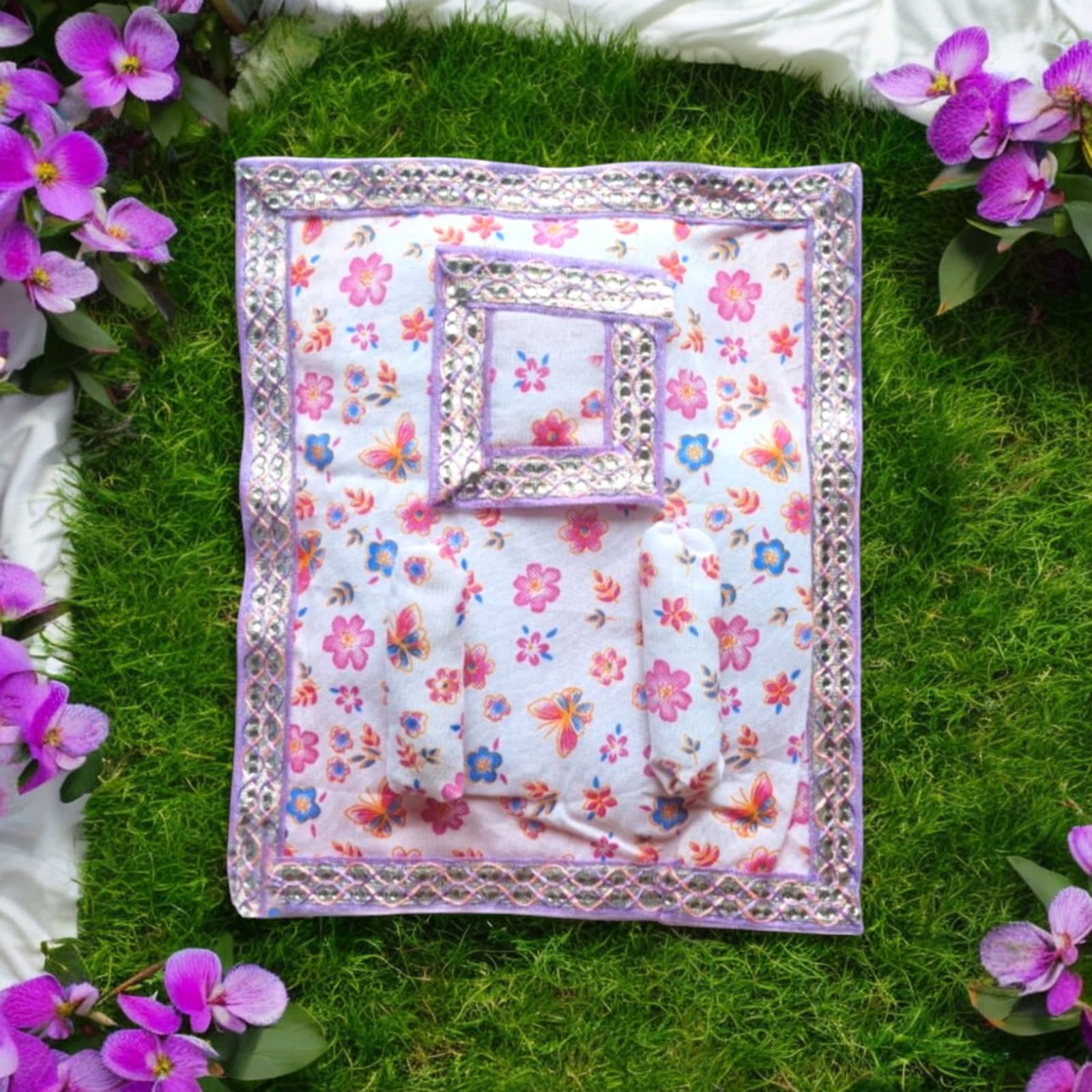 A beautifully designed Laddu Gopal Gaddi Pillow Set in vibrant colors, suitable for 0-5 No. Laddu Gopal, adding comfort and elegance to your pooja space.