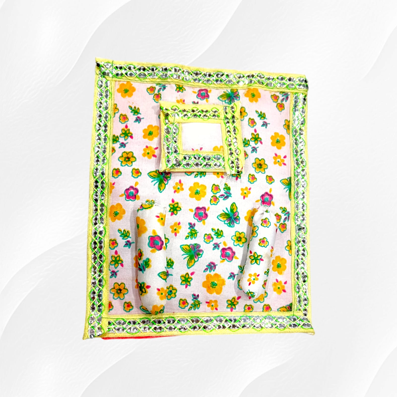 A beautifully designed Laddu Gopal Gaddi Pillow Set in vibrant colors, suitable for 0-5 No. Laddu Gopal, adding comfort and elegance to your pooja space.