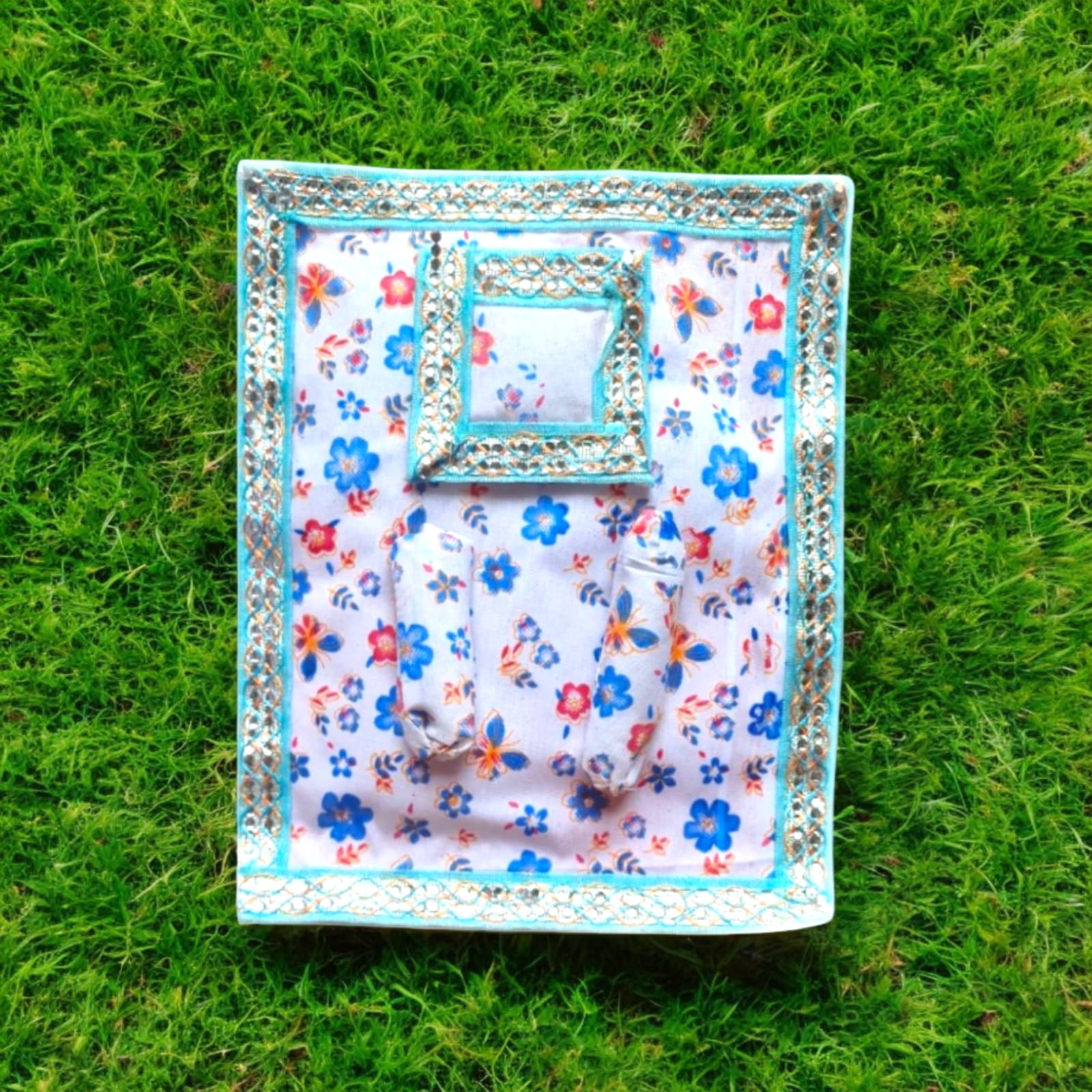 A beautifully designed Laddu Gopal Gaddi Pillow Set in vibrant colors, suitable for 0-5 No. Laddu Gopal, adding comfort and elegance to your pooja space.