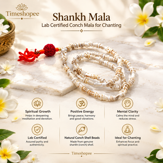 A beautifully handcrafted Shankh Mala (Conch Mala) made from white conch shells, used for meditation and spiritual practices, displayed with certification