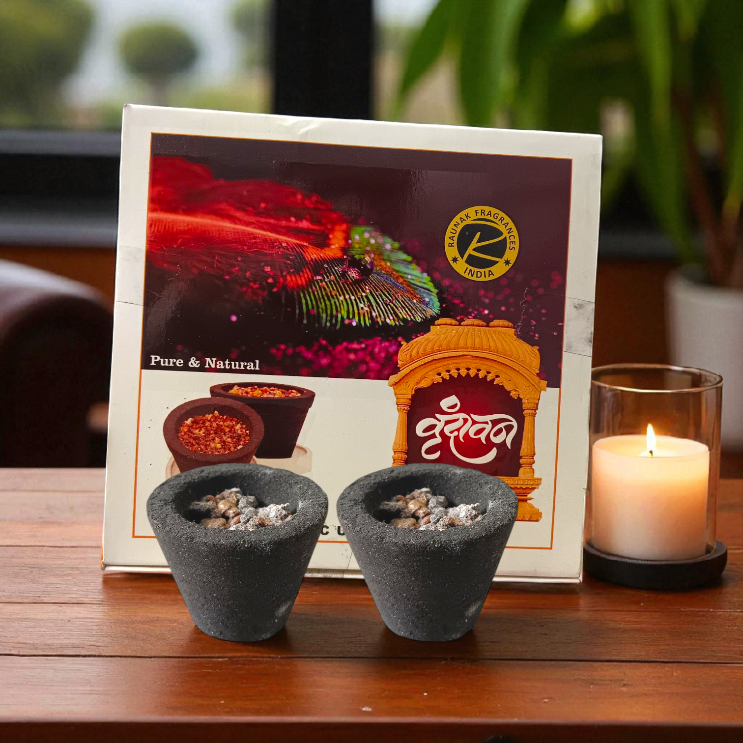 A box of Premium Cup Sambrani containing 12 natural dhoop cups arranged neatly, with herbal ingredients in the background