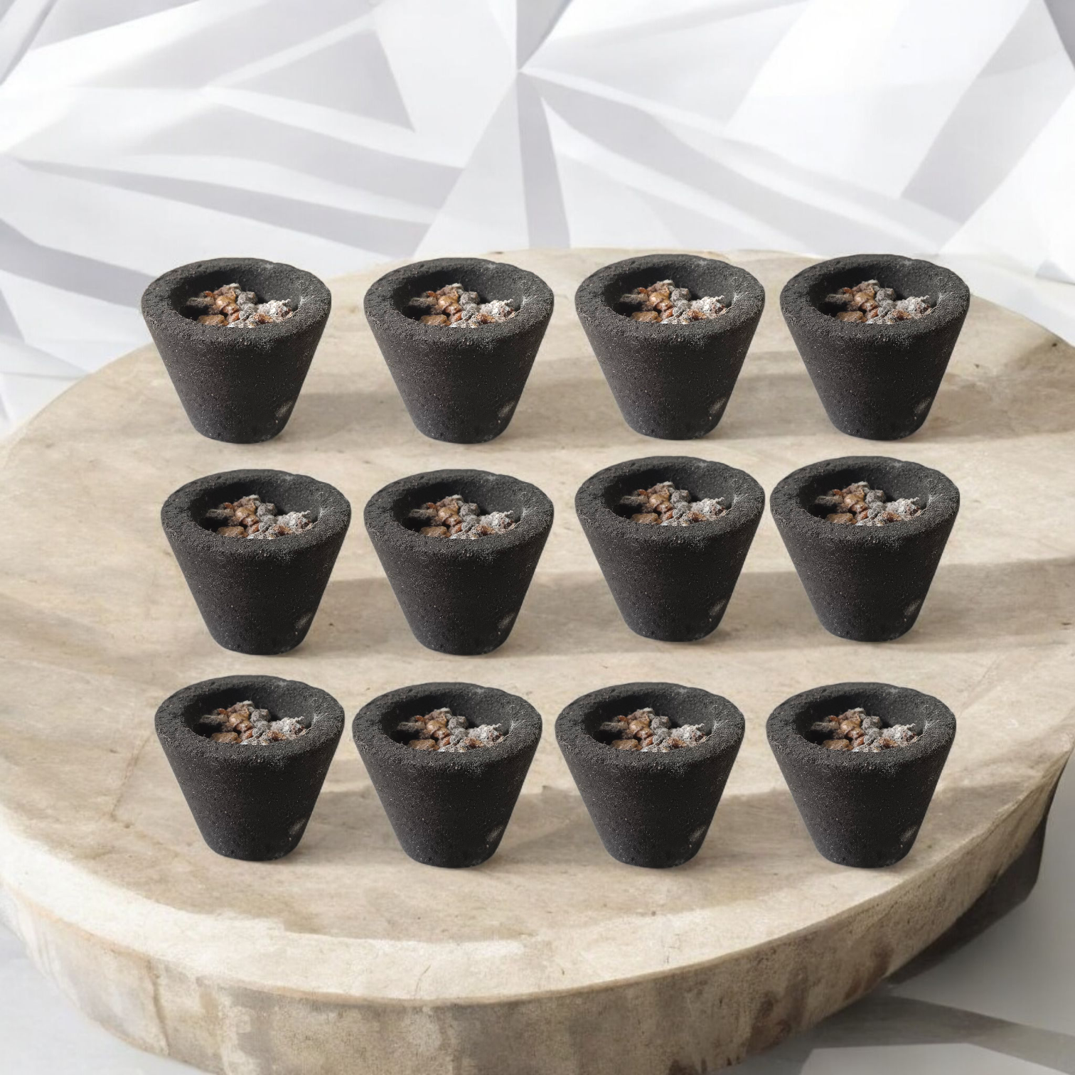 A box of Premium Cup Sambrani containing 12 natural dhoop cups arranged neatly, with herbal ingredients in the background
