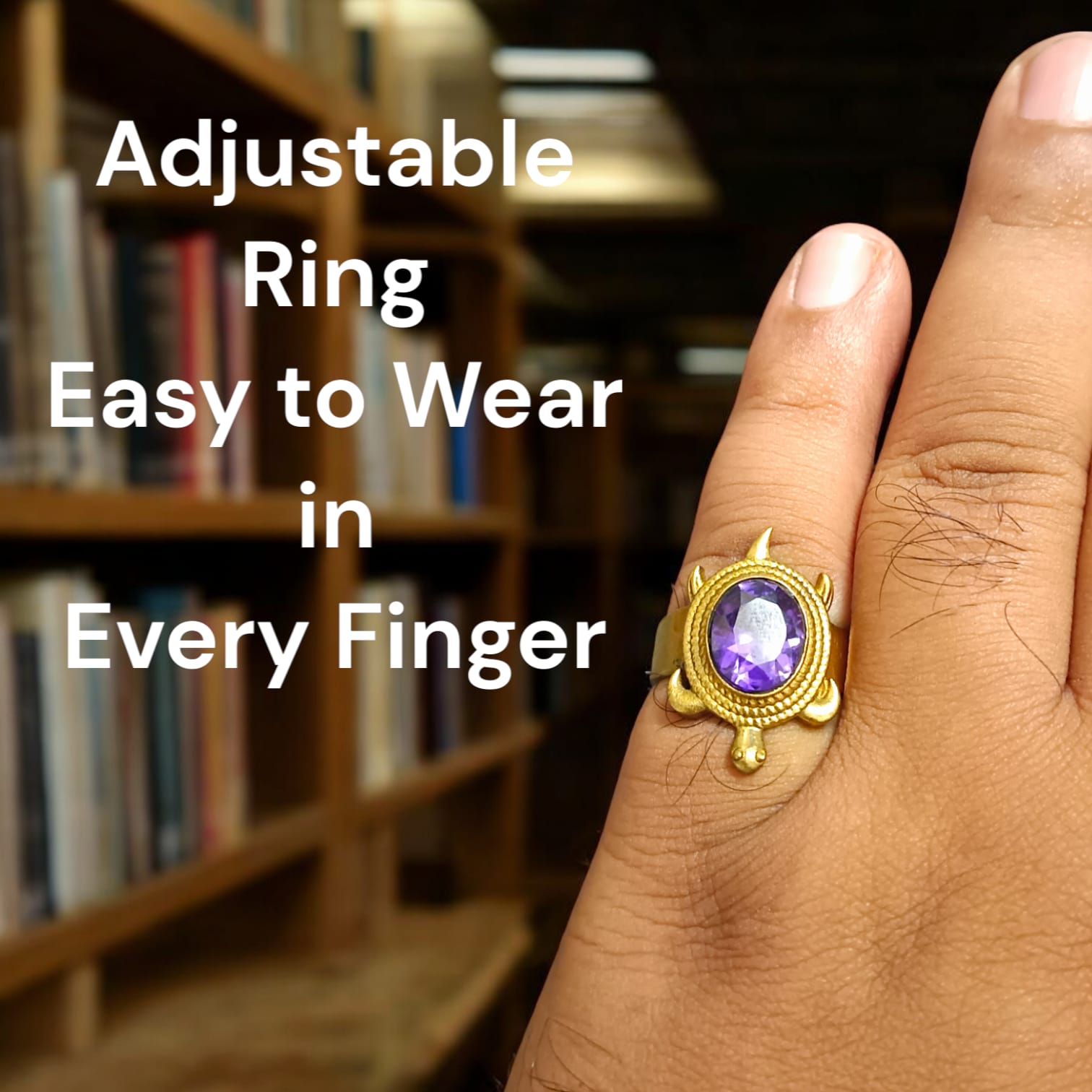 A close-up of the Kachua Jamunia Ring, featuring a purple Jamunia gemstone set in a tortoise-shaped design, made from Ashtdhatu. The ring is adjustable and designed for both men and women.