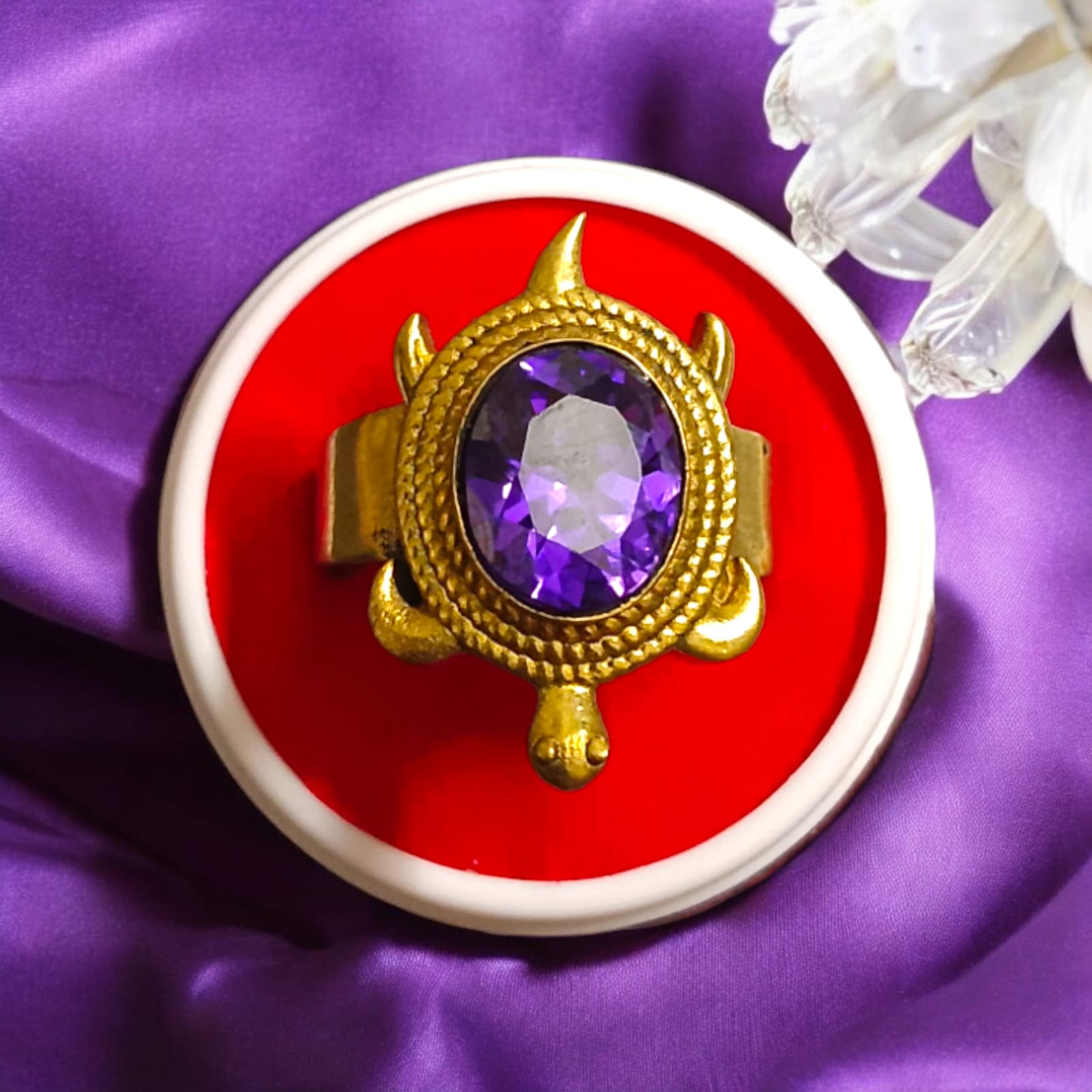 A close-up of the Kachua Jamunia Ring, featuring a purple Jamunia gemstone set in a tortoise-shaped design, made from Ashtdhatu. The ring is adjustable and designed for both men and women.