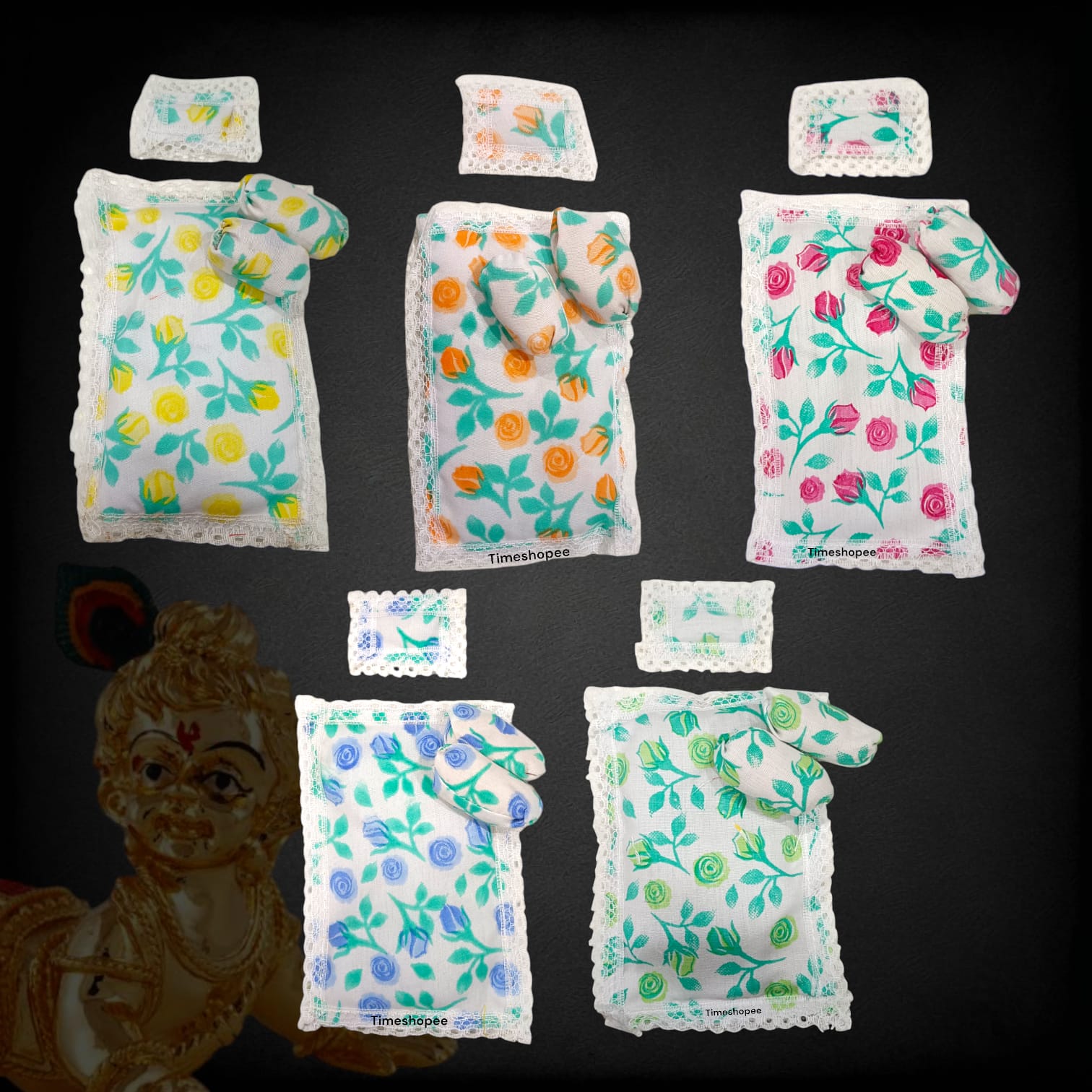 A colorful set of 5 cushioned gaddi pillows in different colors, perfect for Laddu Gopal idols of size 0-3, offering comfort and style in pooja settings.