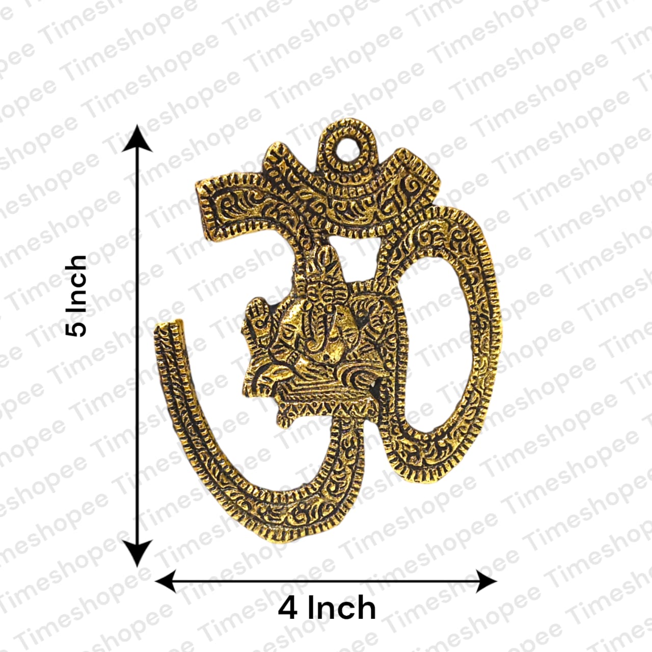 A decorative brass wall hanging featuring the sacred Om symbol, measuring 4X5 inches, suitable for temples, offices, and home walls to promote spirituality.