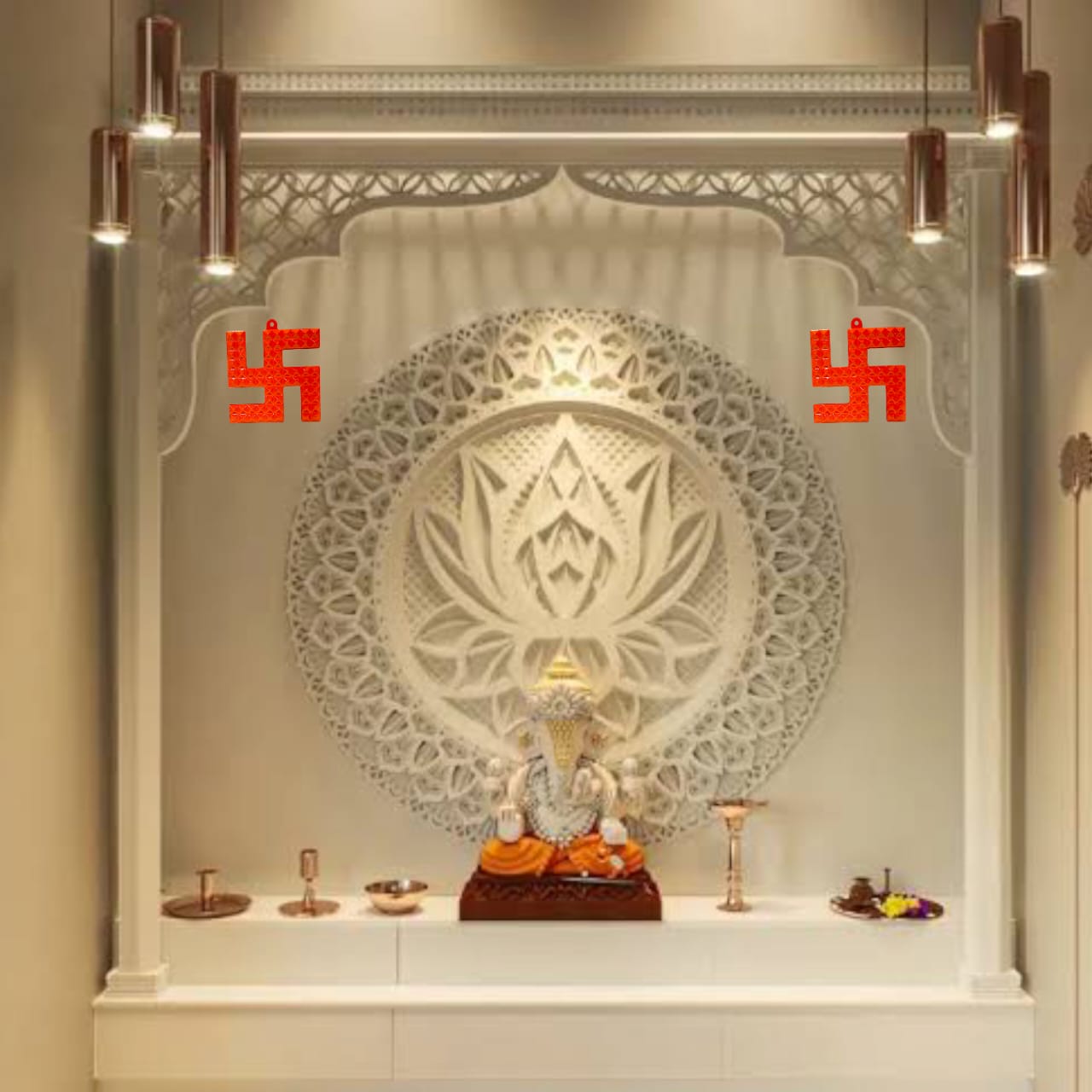 A decorative metal wall hanging featuring a Swastik and 68 Vaastu Pyramid, measuring 10X10 CM, suitable for hanging in temples, offices, and homes to promote positive energy.