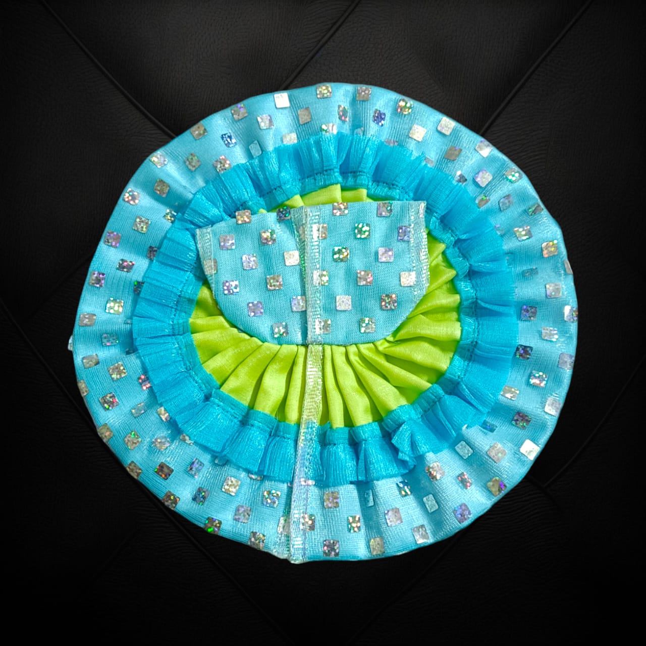 A designer satin and net Laddu Gopal dress, crafted for Size 4 Laddu Gopal Ji, perfect for special occasions and religious ceremonies.