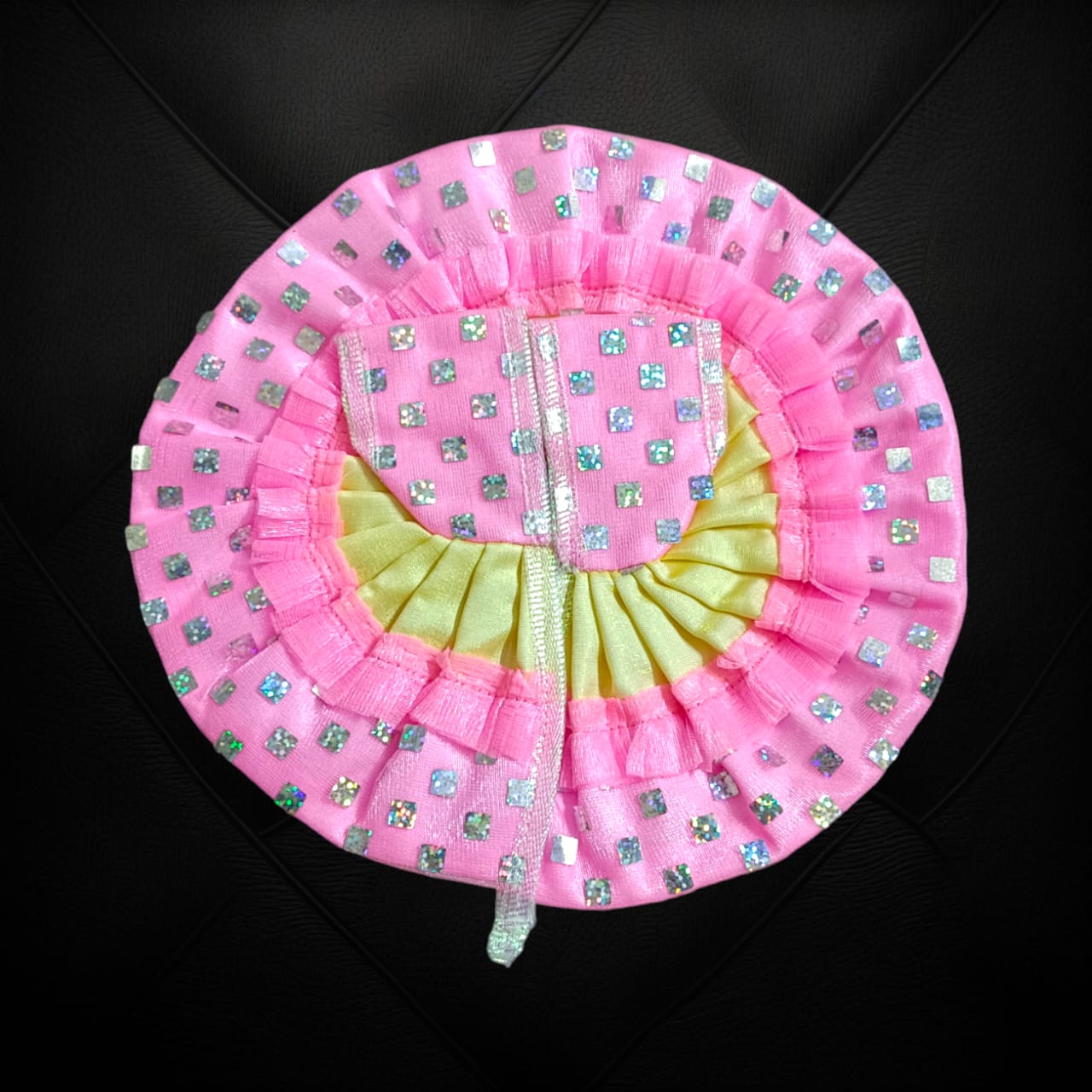 A designer satin and net Laddu Gopal dress, crafted for Size 4 Laddu Gopal Ji, perfect for special occasions and religious ceremonies.