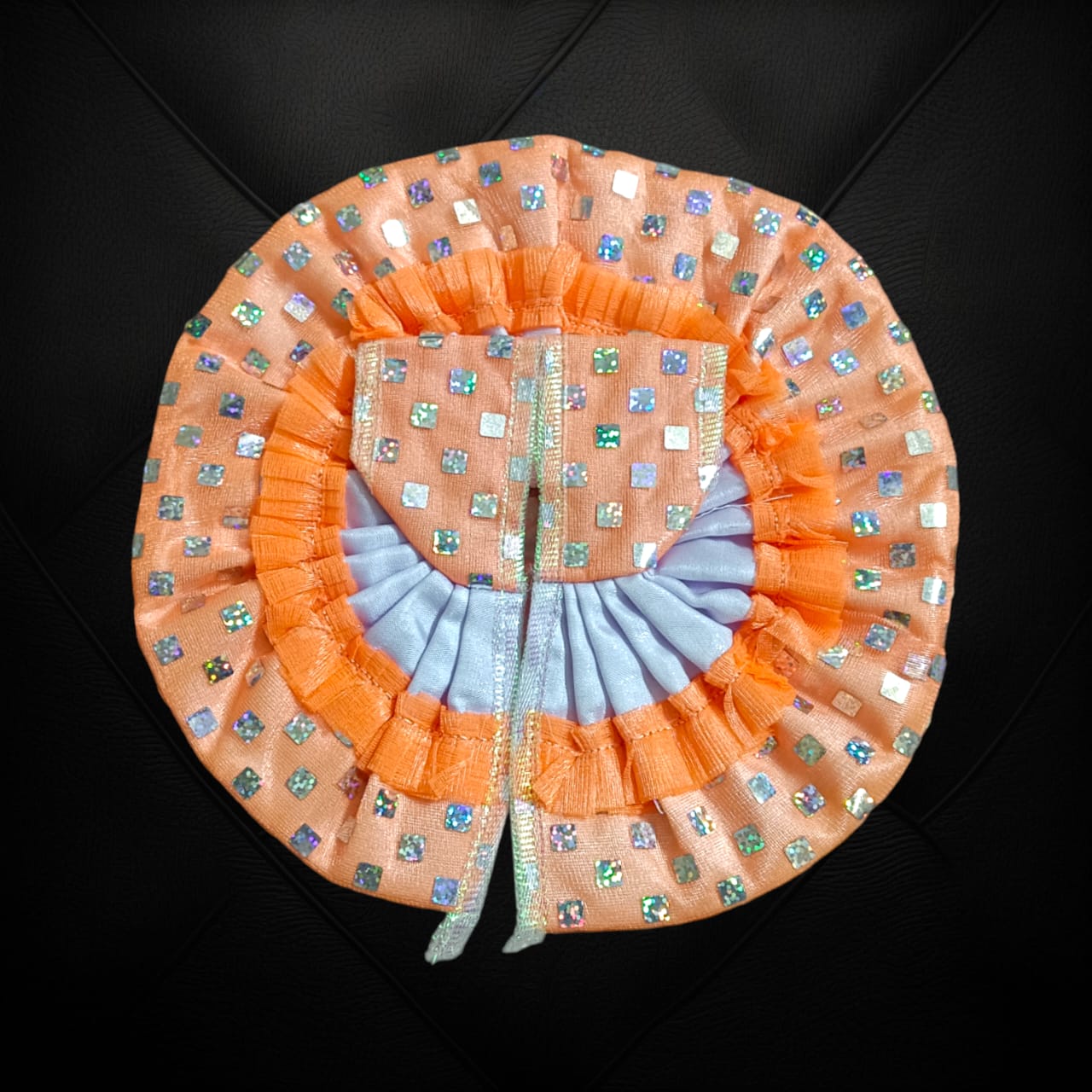 A designer satin and net Laddu Gopal dress, crafted for Size 4 Laddu Gopal Ji, perfect for special occasions and religious ceremonies.