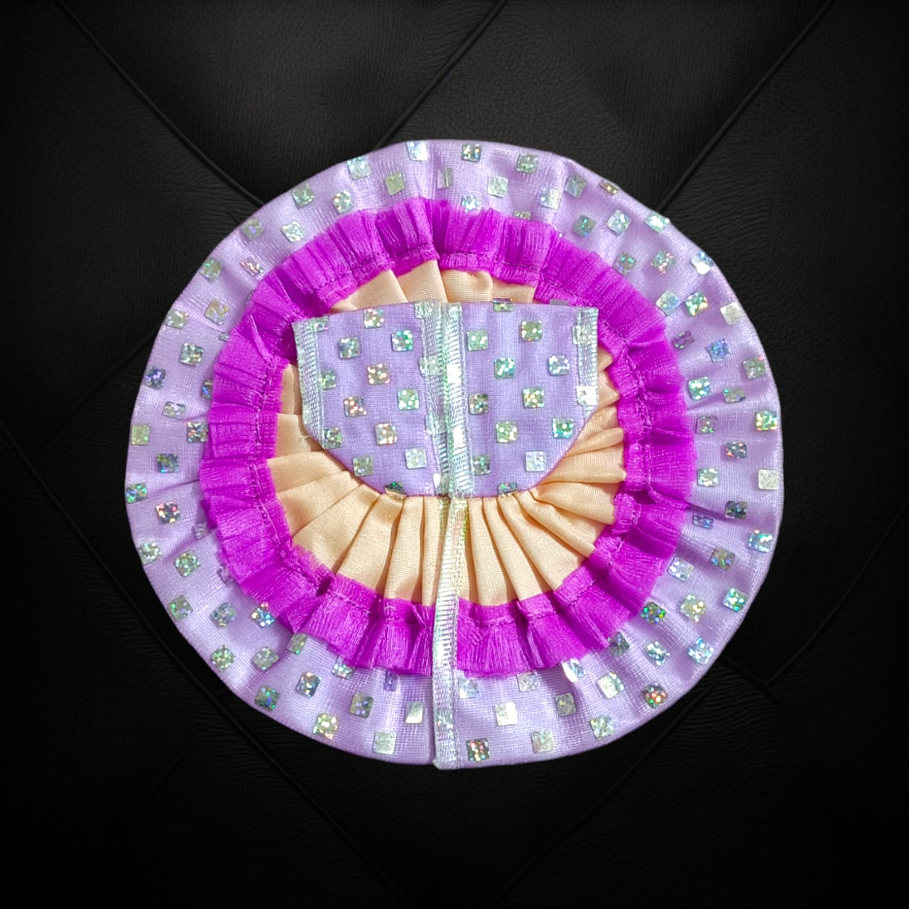 A designer satin and net Laddu Gopal dress, crafted for Size 4 Laddu Gopal Ji, perfect for special occasions and religious ceremonies.