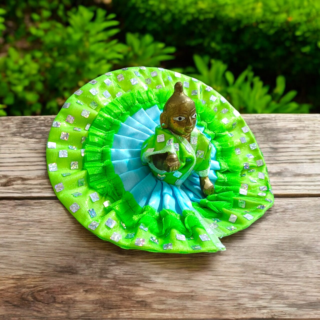 A designer satin and net Laddu Gopal dress, crafted for Size 4 Laddu Gopal Ji, perfect for special occasions and religious ceremonies.