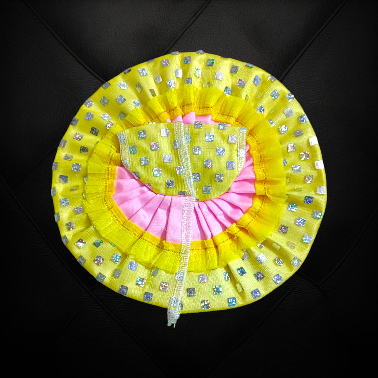 A designer satin and net Laddu Gopal dress, crafted for Size 4 Laddu Gopal Ji, perfect for special occasions and religious ceremonies.