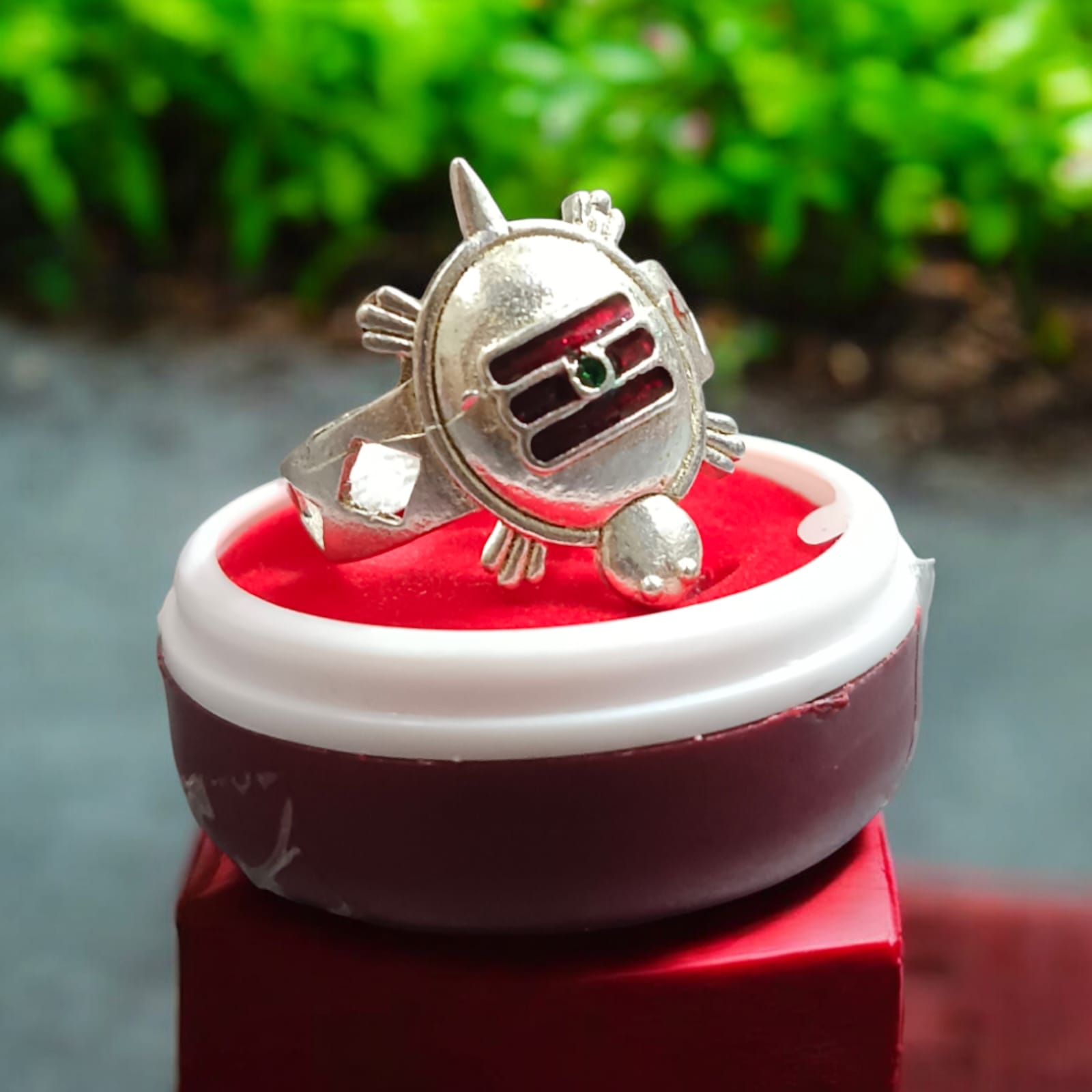 A detailed view of the Tripund Kachua Ring, featuring the Tripund symbol (three horizontal lines) on a silver-plated tortoise-shaped design. The ring is adjustable and suitable for both men and women.