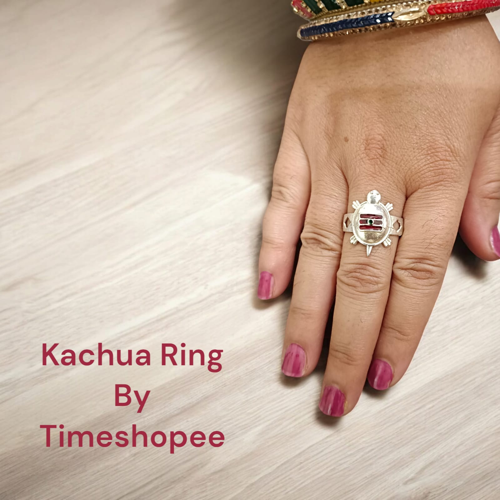 A detailed view of the Tripund Kachua Ring, featuring the Tripund symbol (three horizontal lines) on a silver-plated tortoise-shaped design. The ring is adjustable and suitable for both men and women.