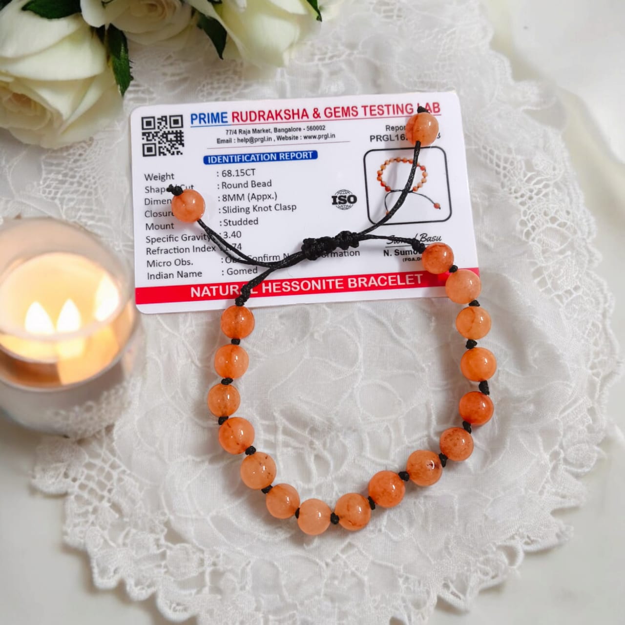 A lab-certified Hessonite (Gomed) bracelet with 8 MM beads and a sliding knot clasp for easy adjustment, offering spiritual protection and Rahu influence balance.