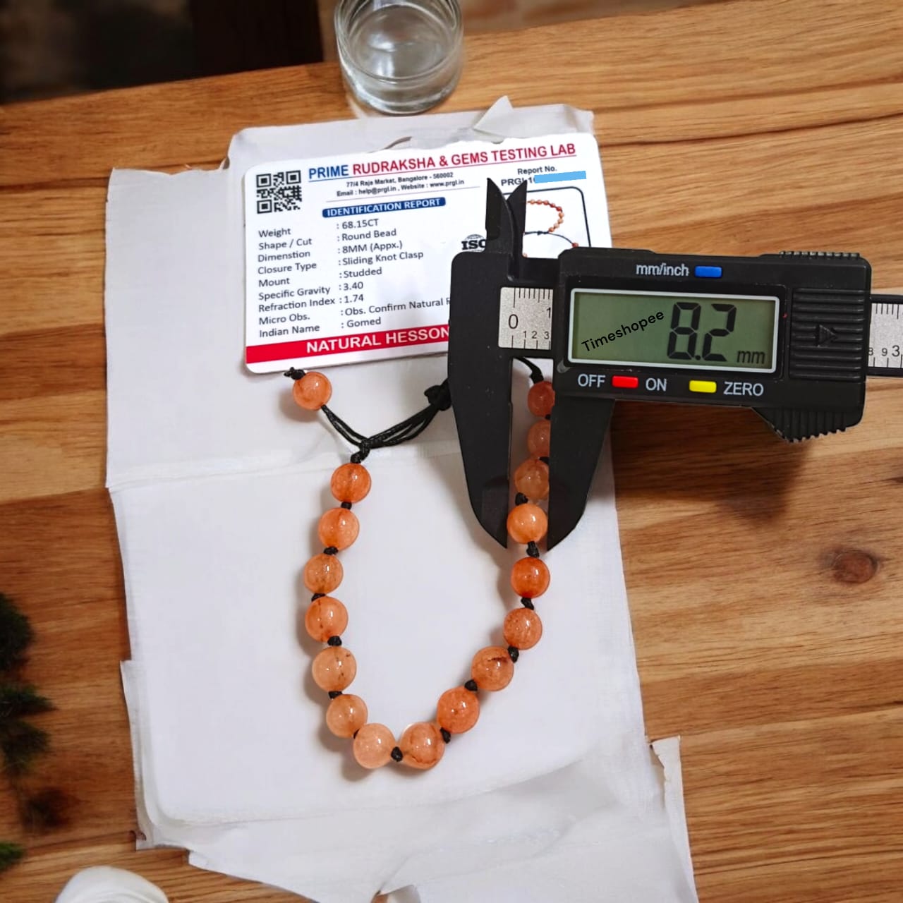 A lab-certified Hessonite (Gomed) bracelet with 8 MM beads and a sliding knot clasp for easy adjustment, offering spiritual protection and Rahu influence balance.