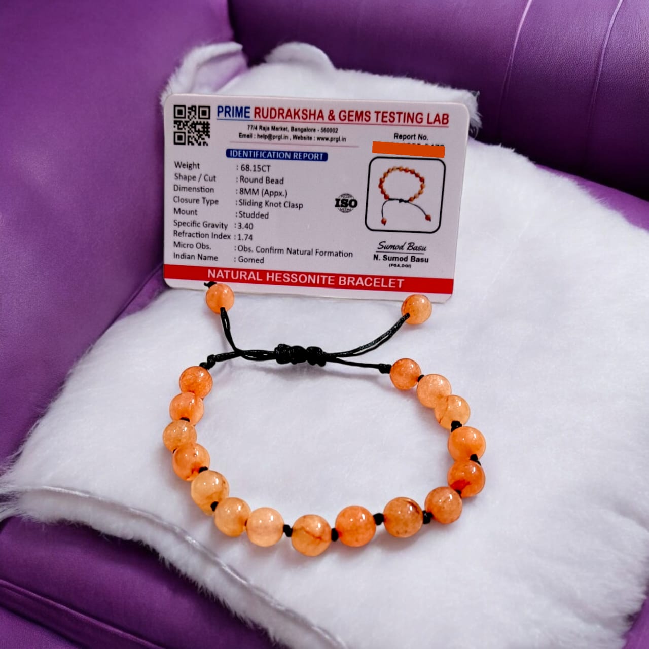A lab-certified Hessonite (Gomed) bracelet with 8 MM beads and a sliding knot clasp for easy adjustment, offering spiritual protection and Rahu influence balance.