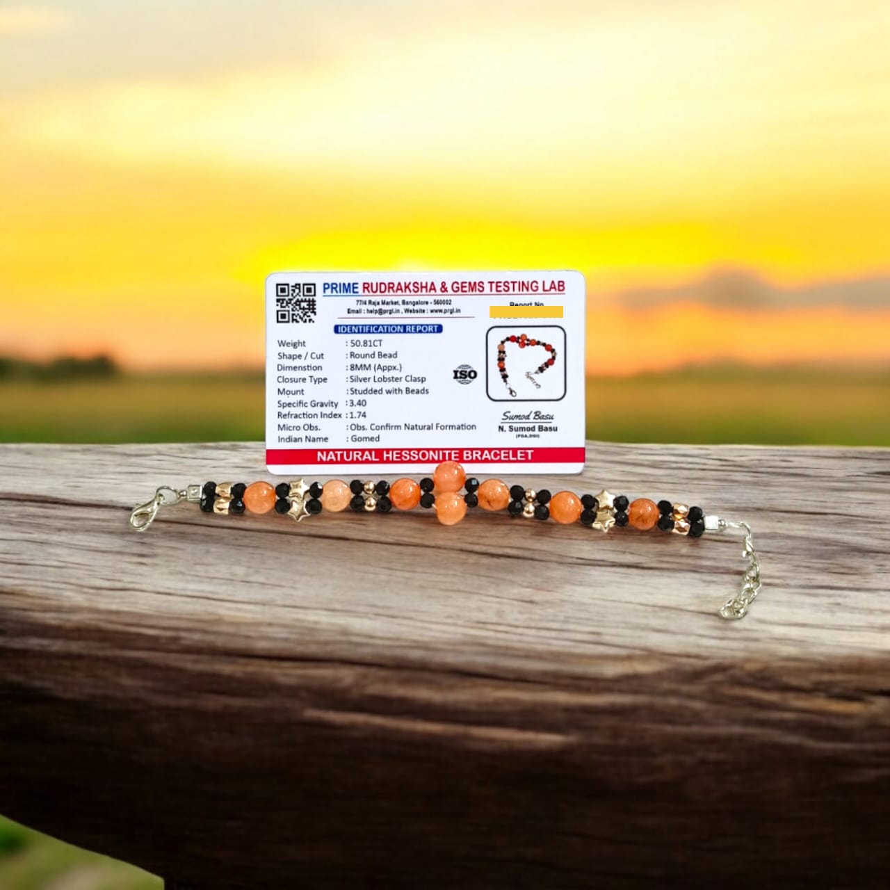 A lab-certified Hessonite (Gomed) bracelet with 8 MM beads and an adjustable lobster clasp, known for spiritual protection and Rahu's influence.