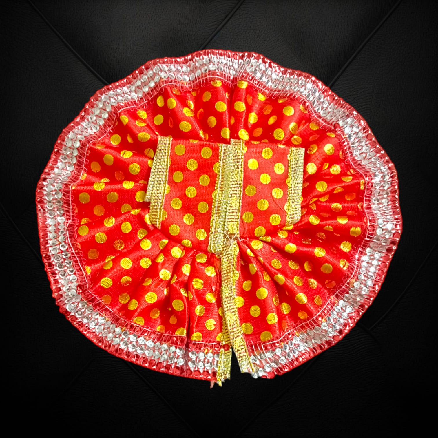 A luxurious satin Laddu Gopal dress, designed for Size 3 Laddu Gopal Ji, perfect for daily worship and special religious ceremonies.