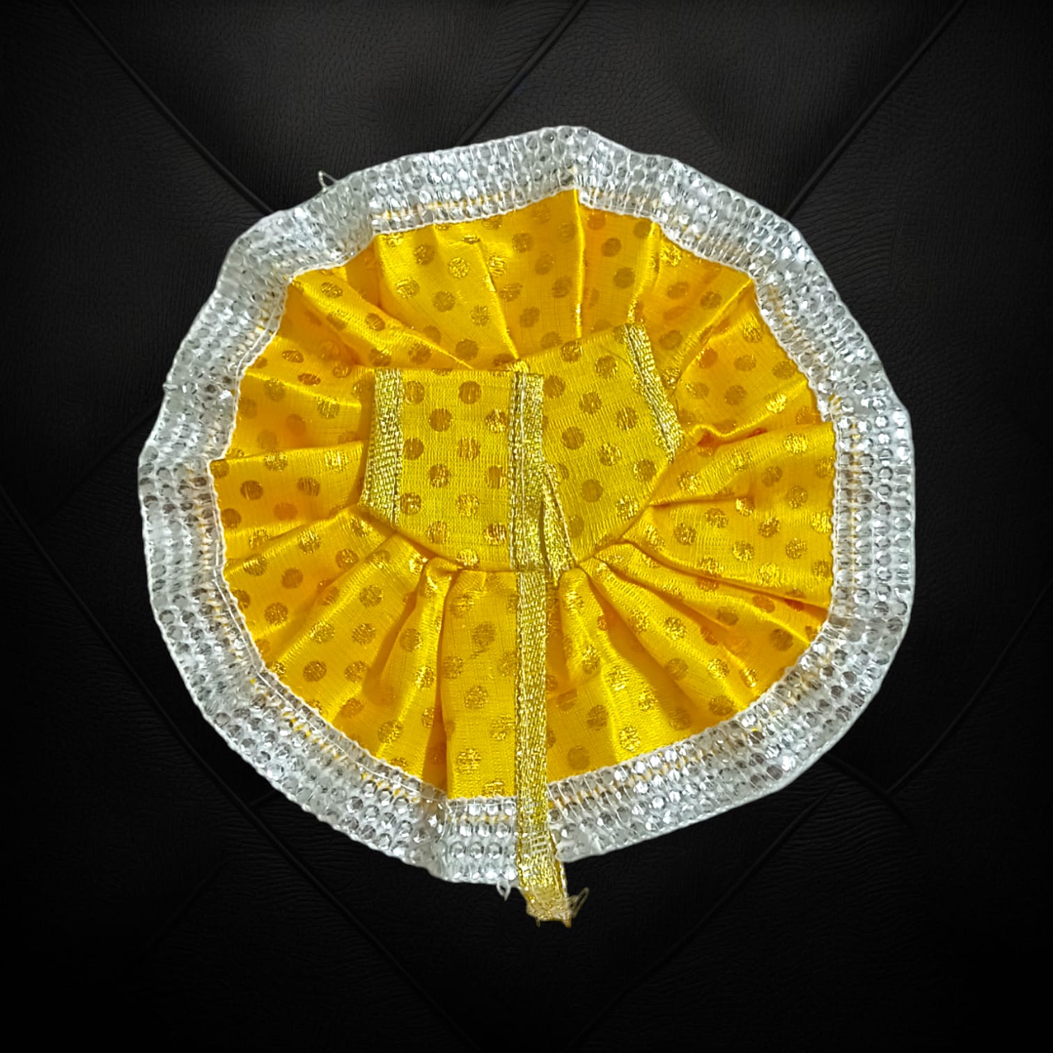 A luxurious satin Laddu Gopal dress, designed for Size 3 Laddu Gopal Ji, perfect for daily worship and special religious ceremonies.