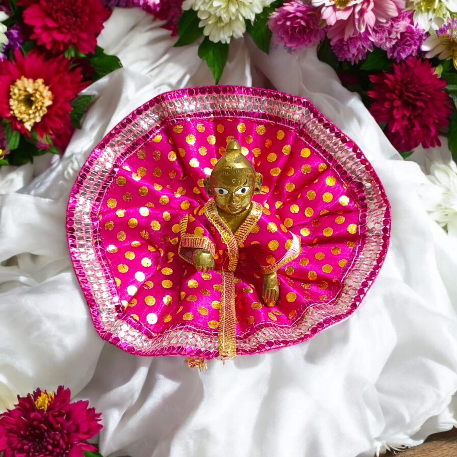 A luxurious satin Laddu Gopal dress, designed for Size 3 Laddu Gopal Ji, perfect for daily worship and special religious ceremonies.