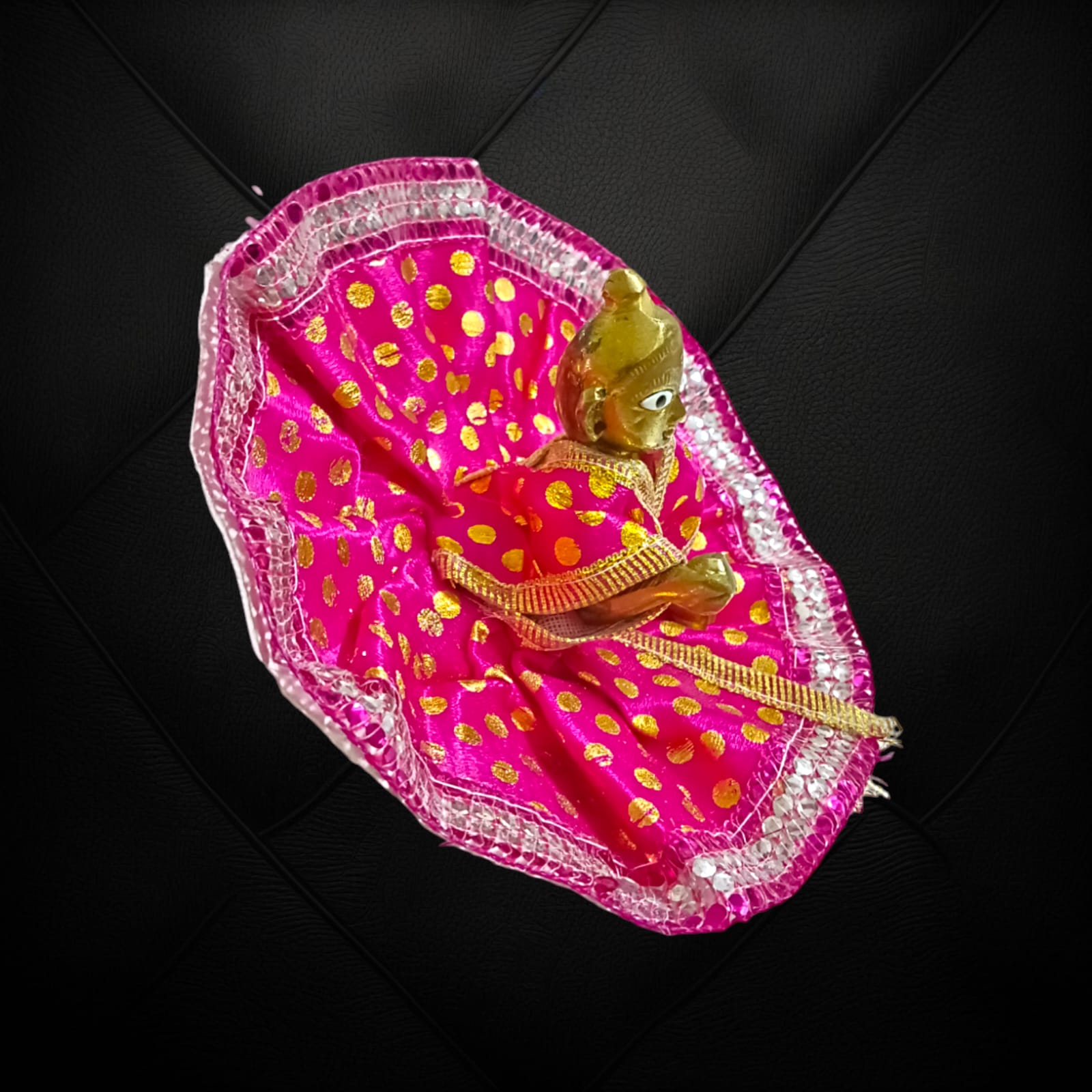 A luxurious satin Laddu Gopal dress, designed for Size 3 Laddu Gopal Ji, perfect for daily worship and special religious ceremonies.