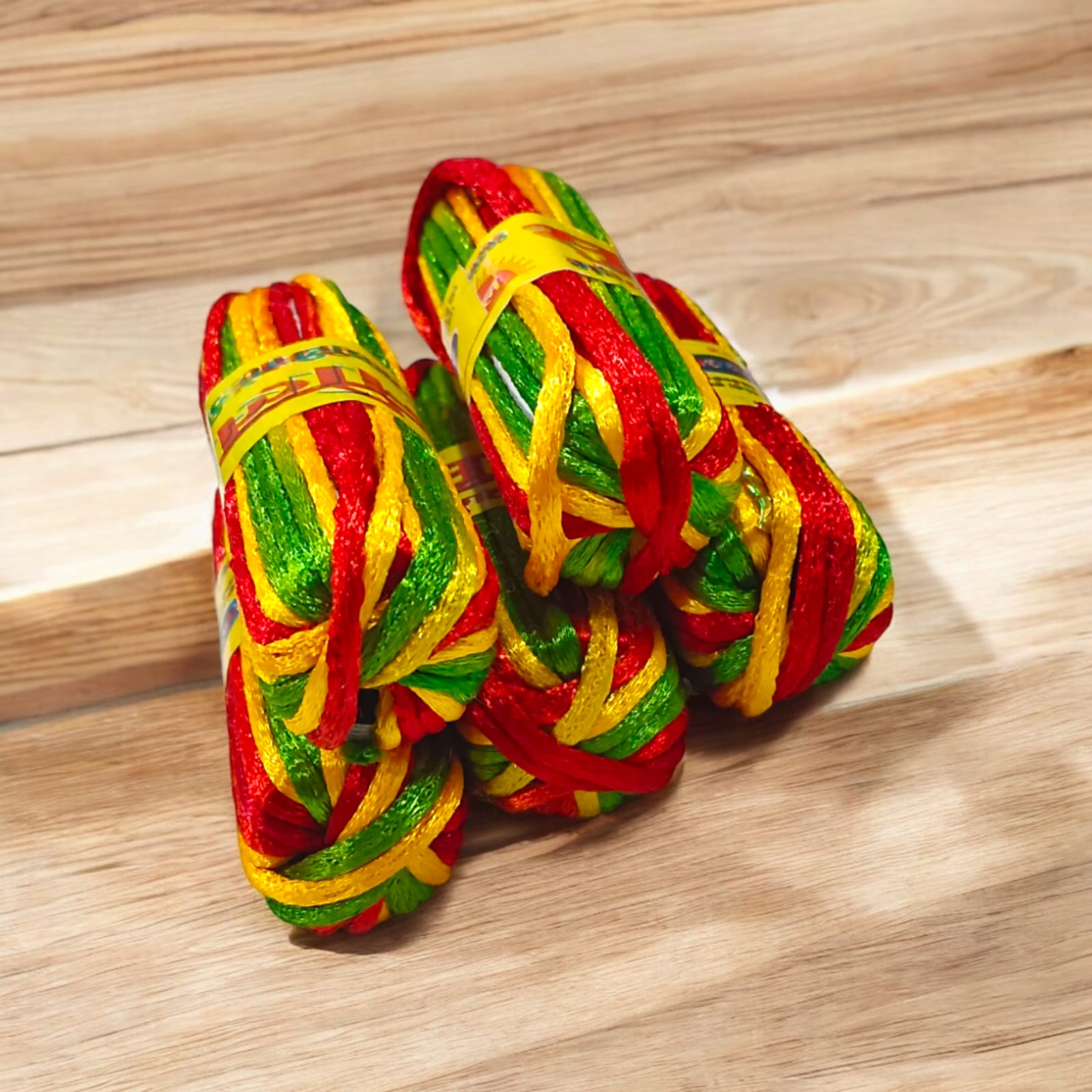 A pack of 5 colorful silk moli threads, each 11 feet long, traditionally used in Hindu pooja rituals for protection, blessings, and mannat dhaga ceremonies.