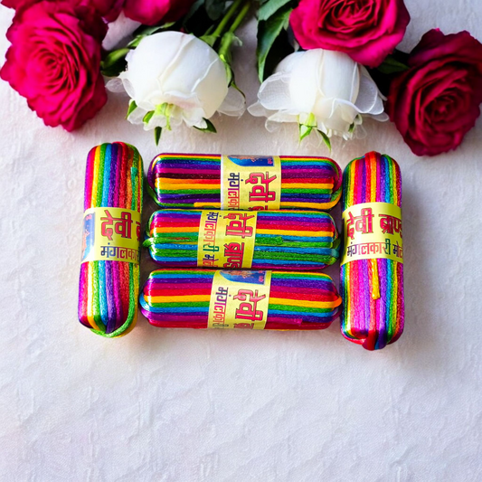 A pack of 5 colorful silk moli threads, each 11 feet long, traditionally used in Hindu pooja rituals for protection, blessings, and mannat dhaga ceremonies