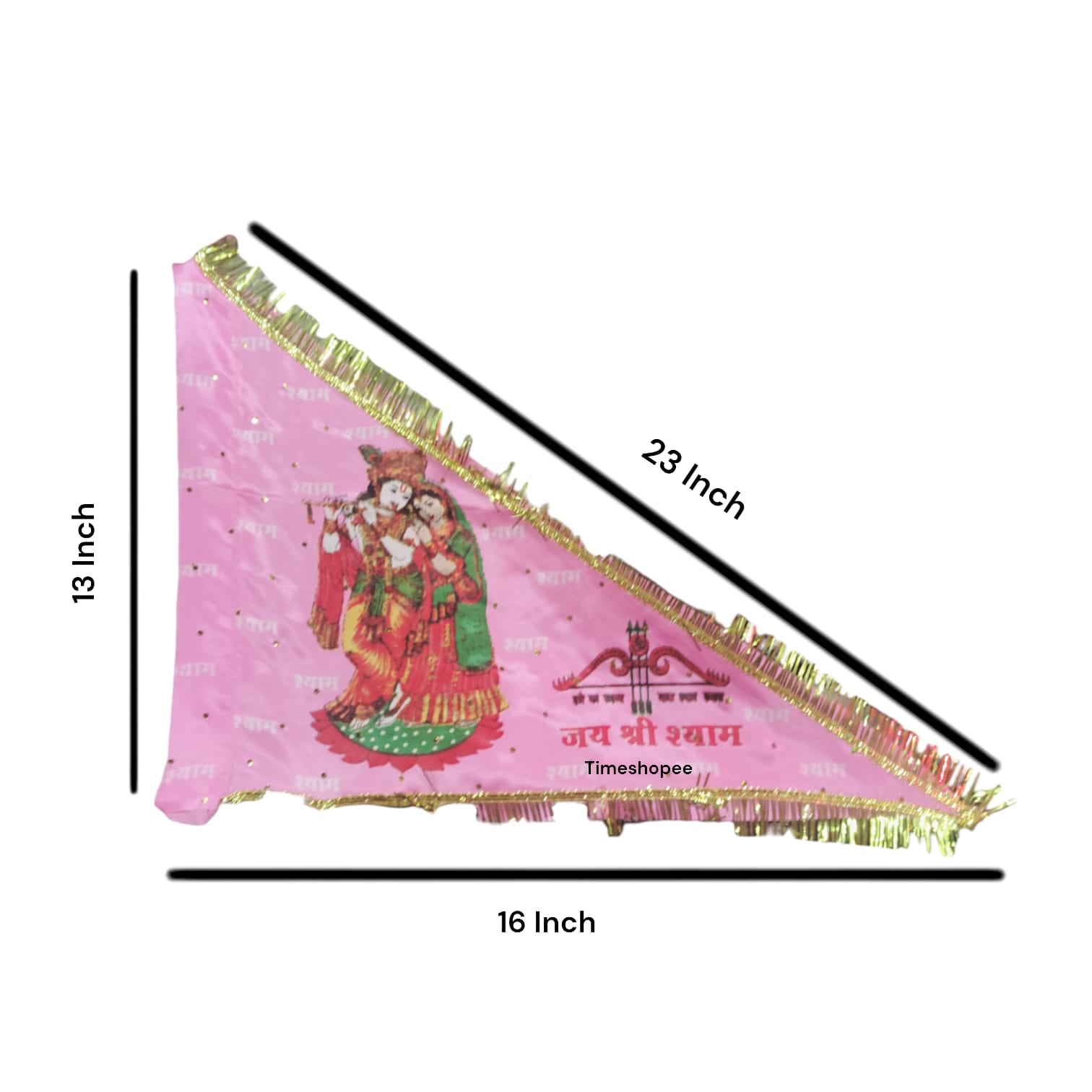 A pink Radha Krishna Flag with Jai Shri Shyam printed, measuring 15"x20", perfect for religious decor or celebrations.