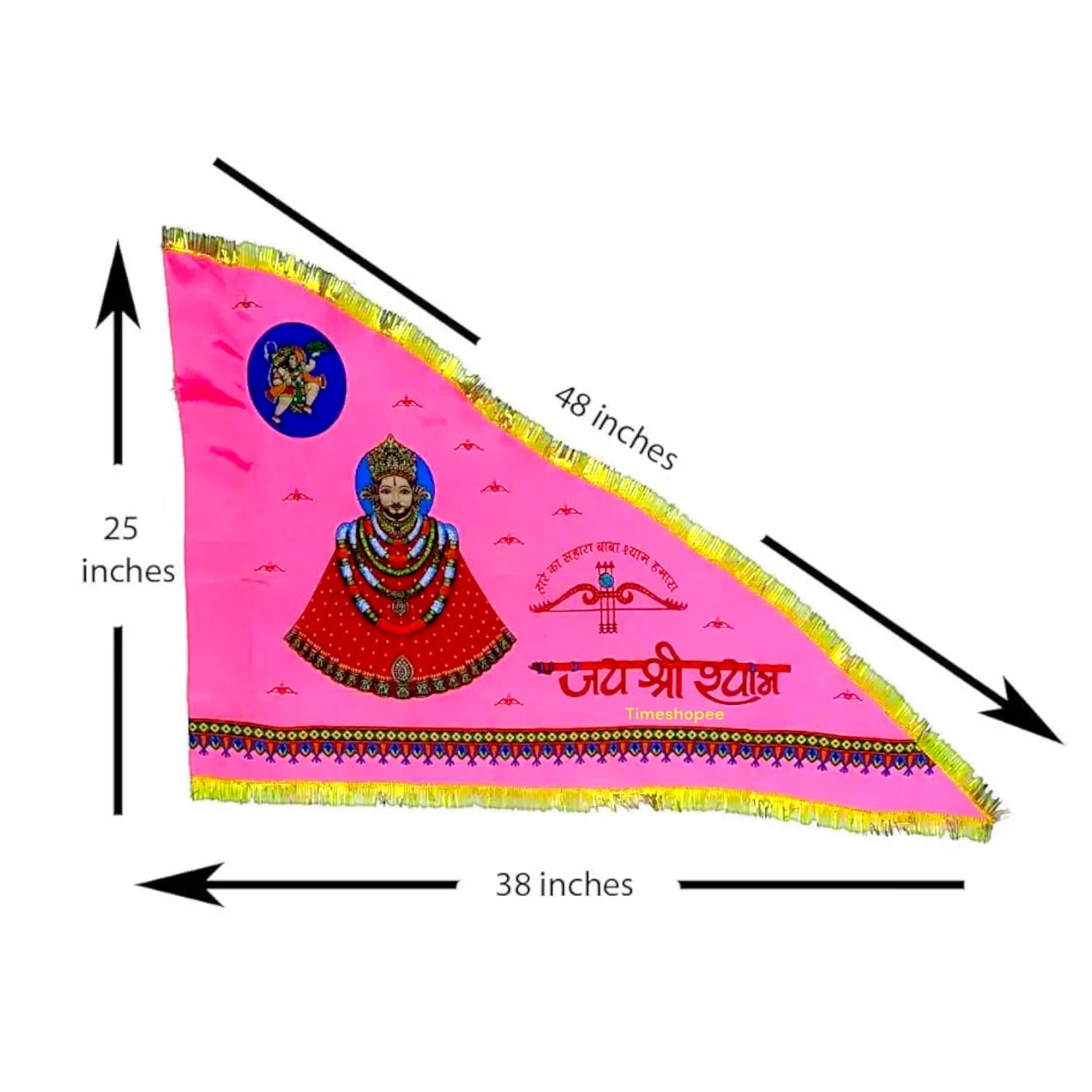 A pink triangle Khatu Shyam Ji Flag measuring 30x40 inches, perfect for religious processions or temple decor.