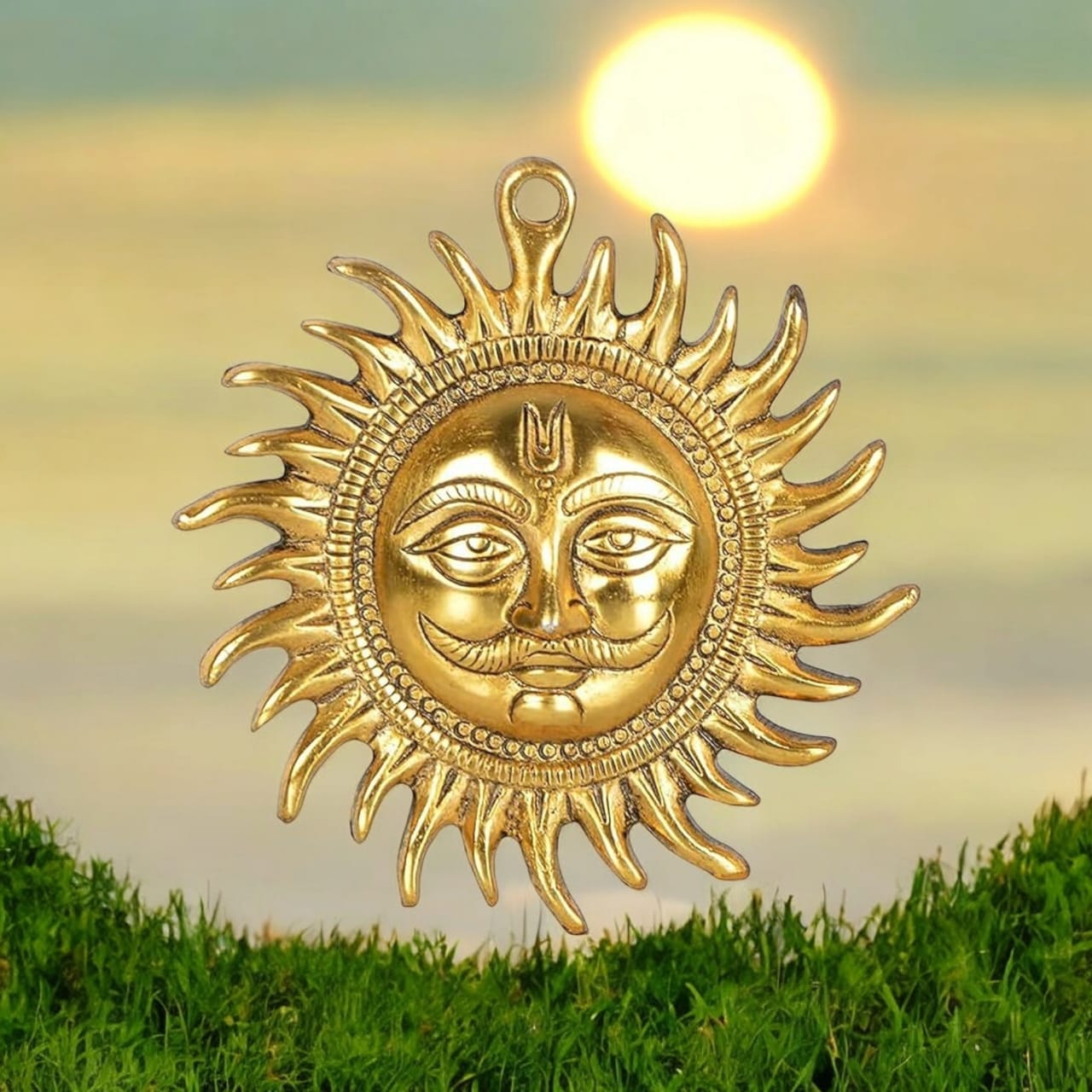 A pure brass wall hanging sun, symbolizing strength and positivity, available in small (5 inch) and big (7 inch) sizes to protect from Vaastu Dosh and Shani Dosh.